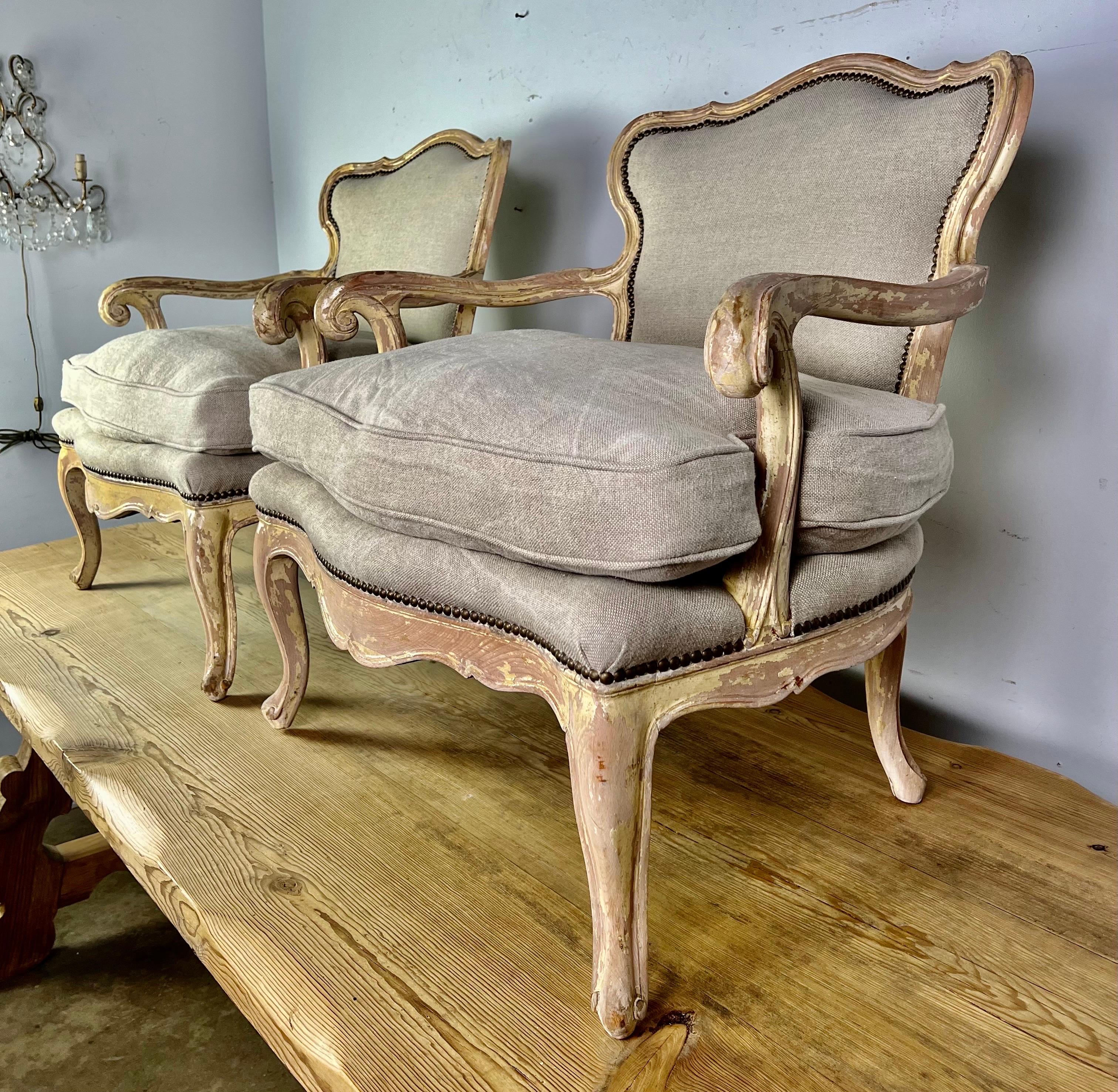 Pair of Early 20th Century French Provincial Armchairs W/ Down Cushions In Distressed Condition In Los Angeles, CA