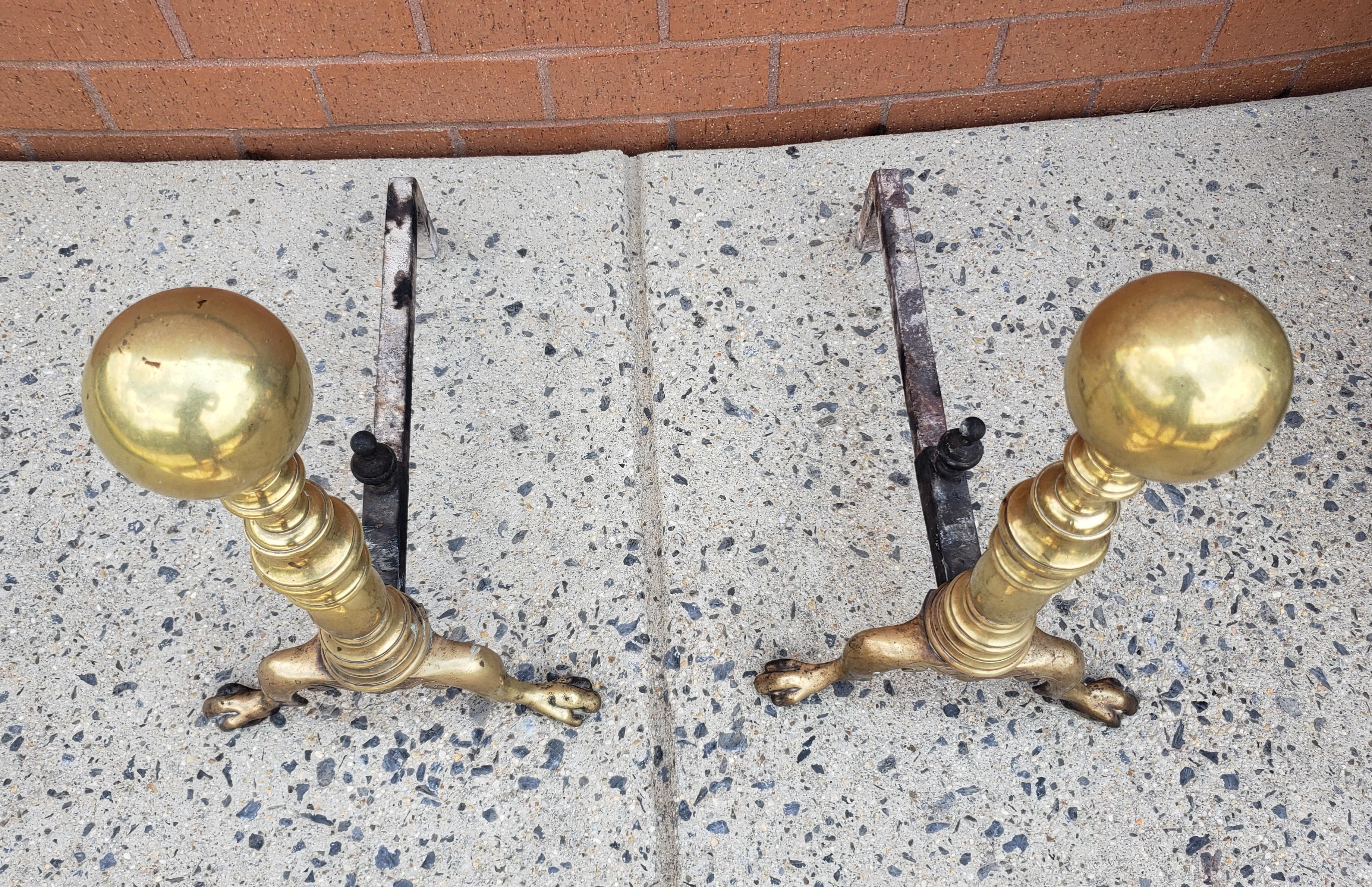 A Pair of Early 20th Century George III Style Solid Brass Canon Ball Andirons. Meaures 11