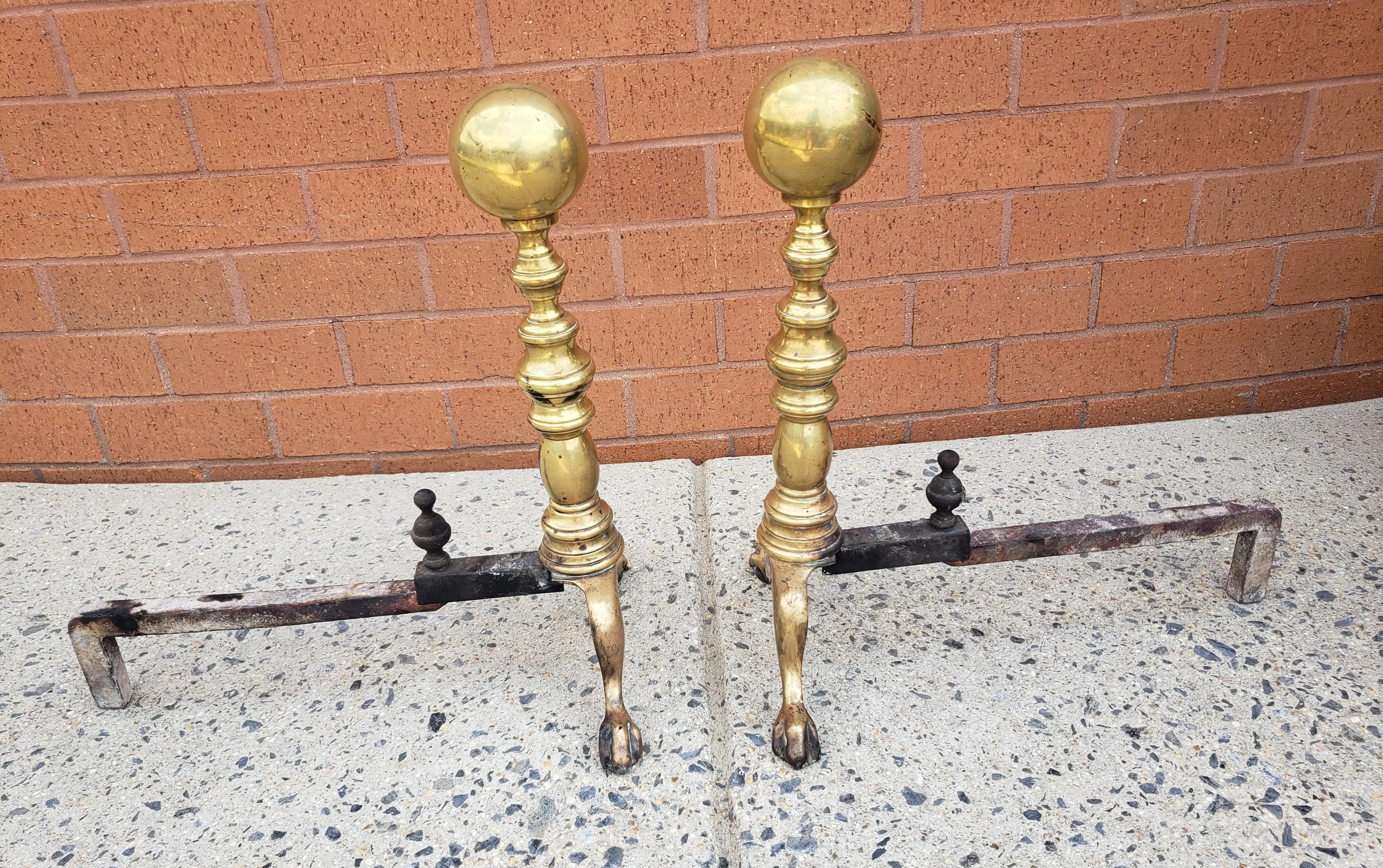 American Pair of Early 20th C. George III Style Solid Brass Canon Ball Andirons For Sale