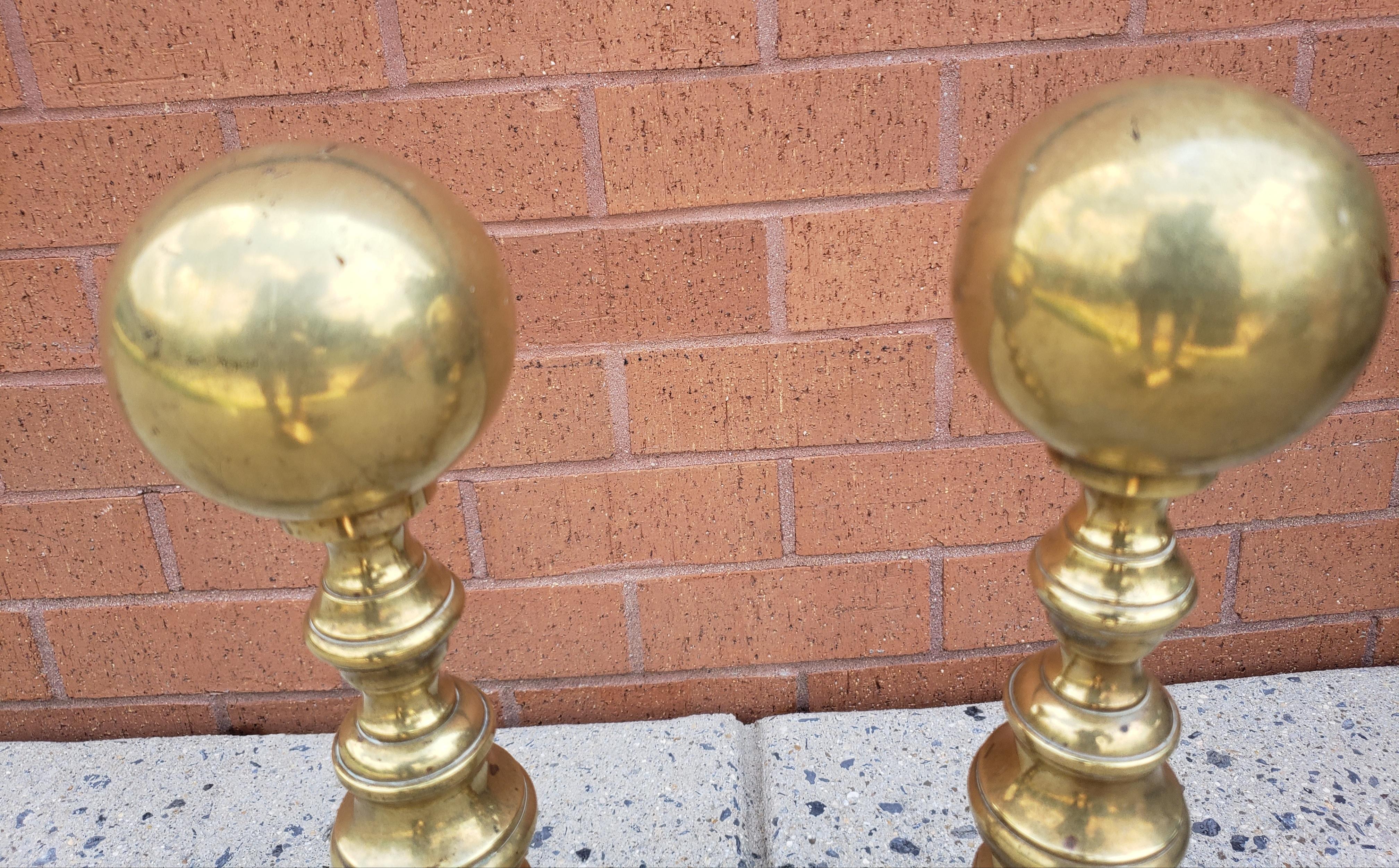 Pair of Early 20th C. George III Style Solid Brass Canon Ball Andirons In Good Condition For Sale In Germantown, MD