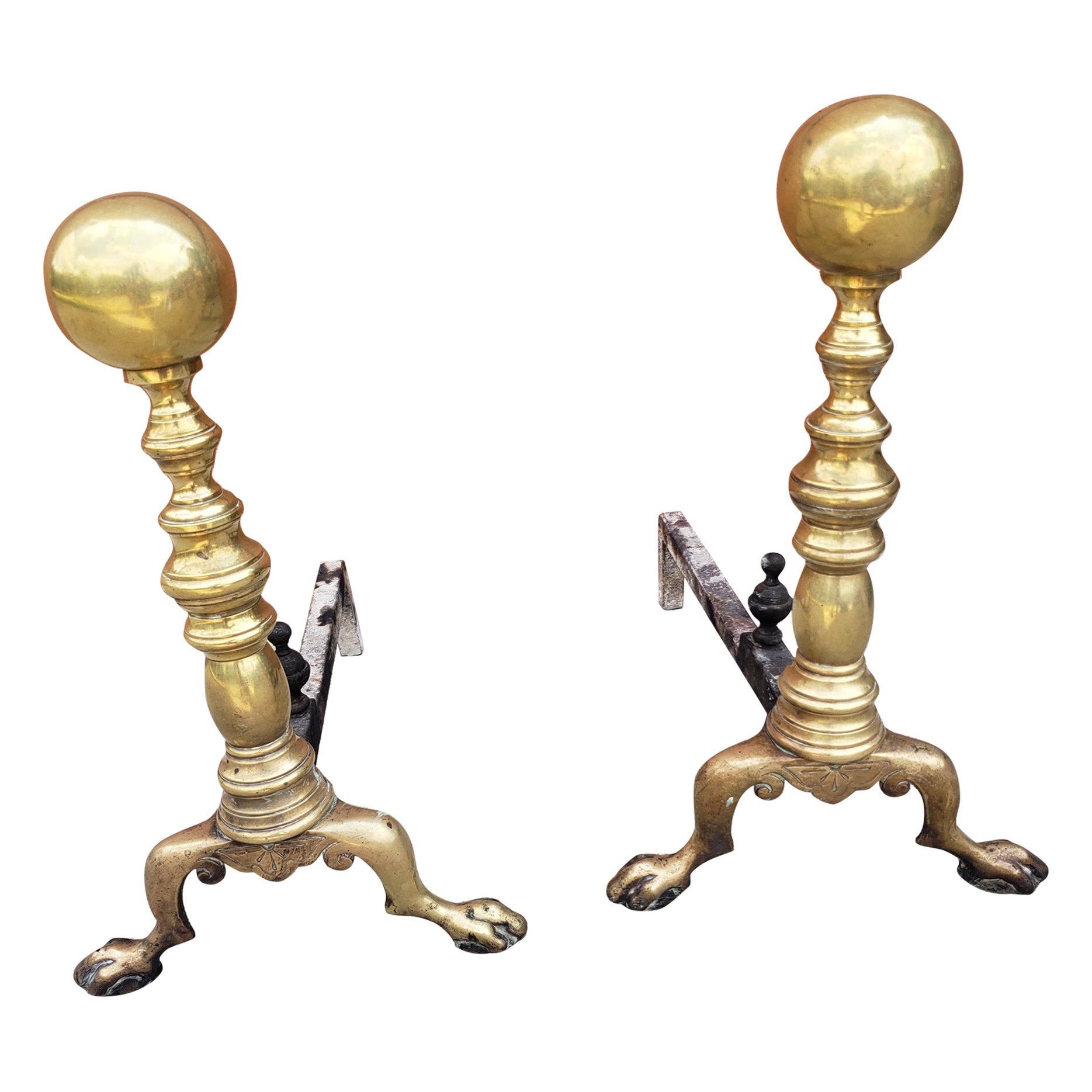 Coppia di androni a sfera in ottone massiccio in stile George III dell'inizio del XX secolo