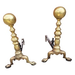 Pair of Early 20th C. George III Style Solid Brass Canon Ball Andirons