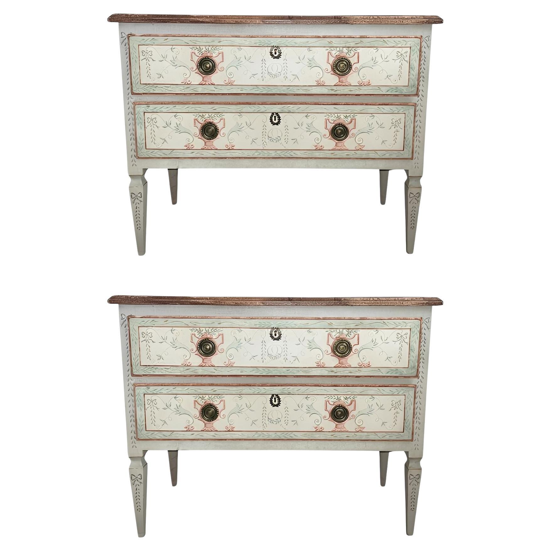 Pair of Early 20th C. Italian Neoclassical Style Commodes with Faux Marble Tops For Sale
