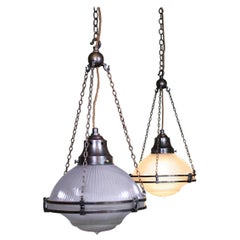 Pair of Large Holophane Prismatic Glass and Bronze Chandelier Lights