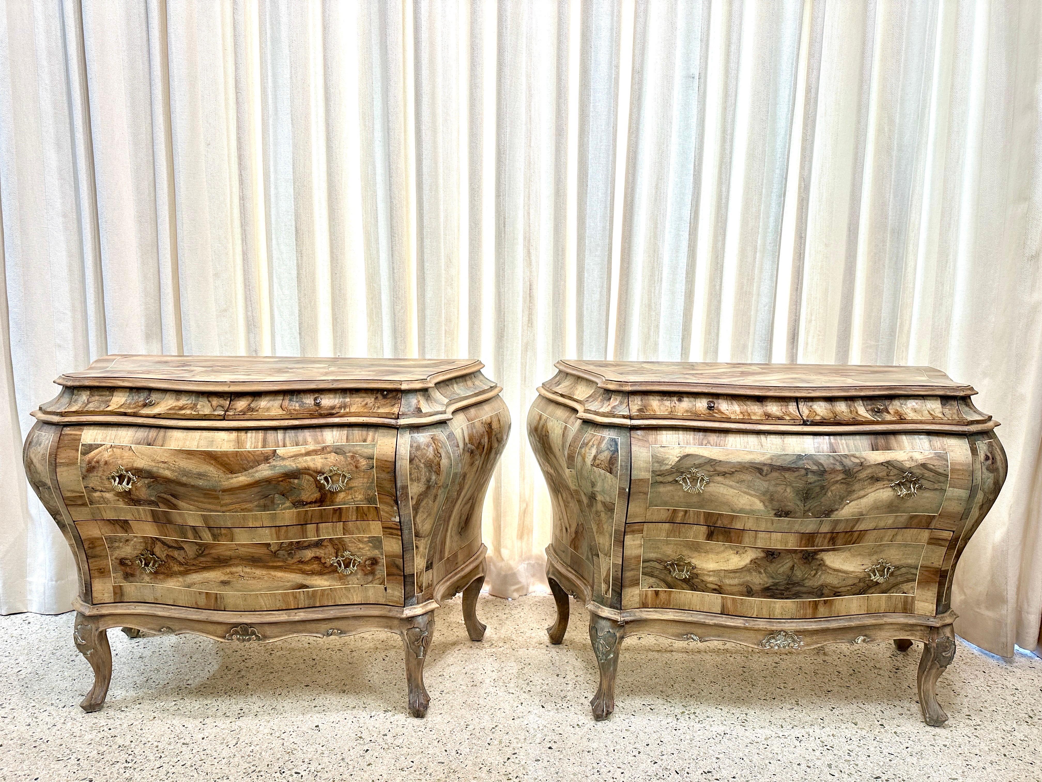 Pair of Early 20th C. Olive Wood Patched Veneer Bombay Commodes For Sale 2