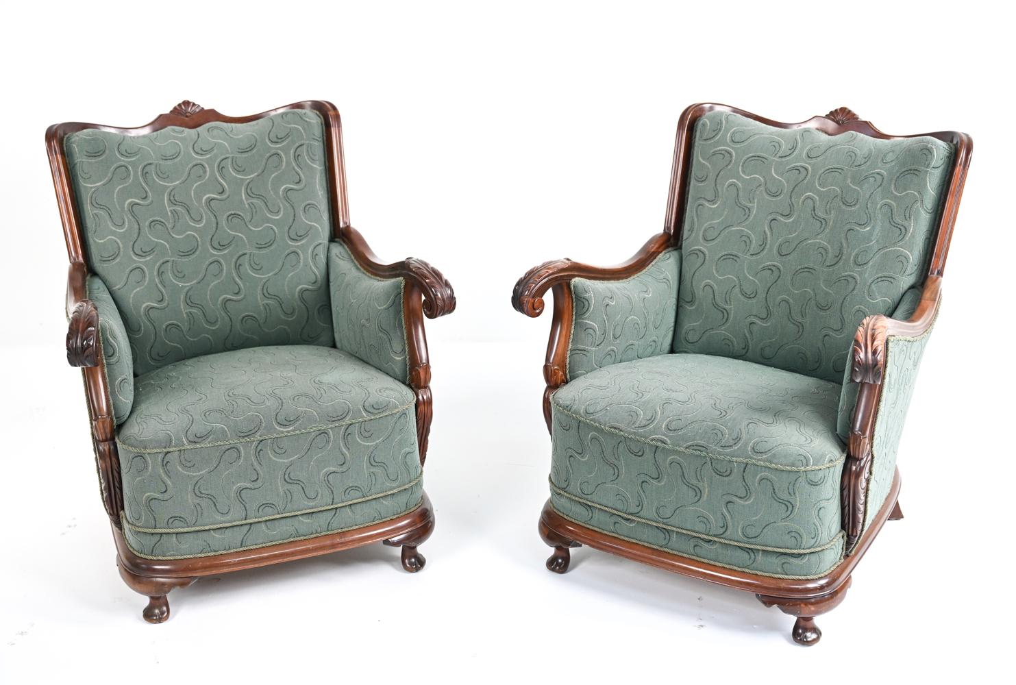 Pair of Early 20th C. Scandinavian Carved Club Chairs In Good Condition In Norwalk, CT