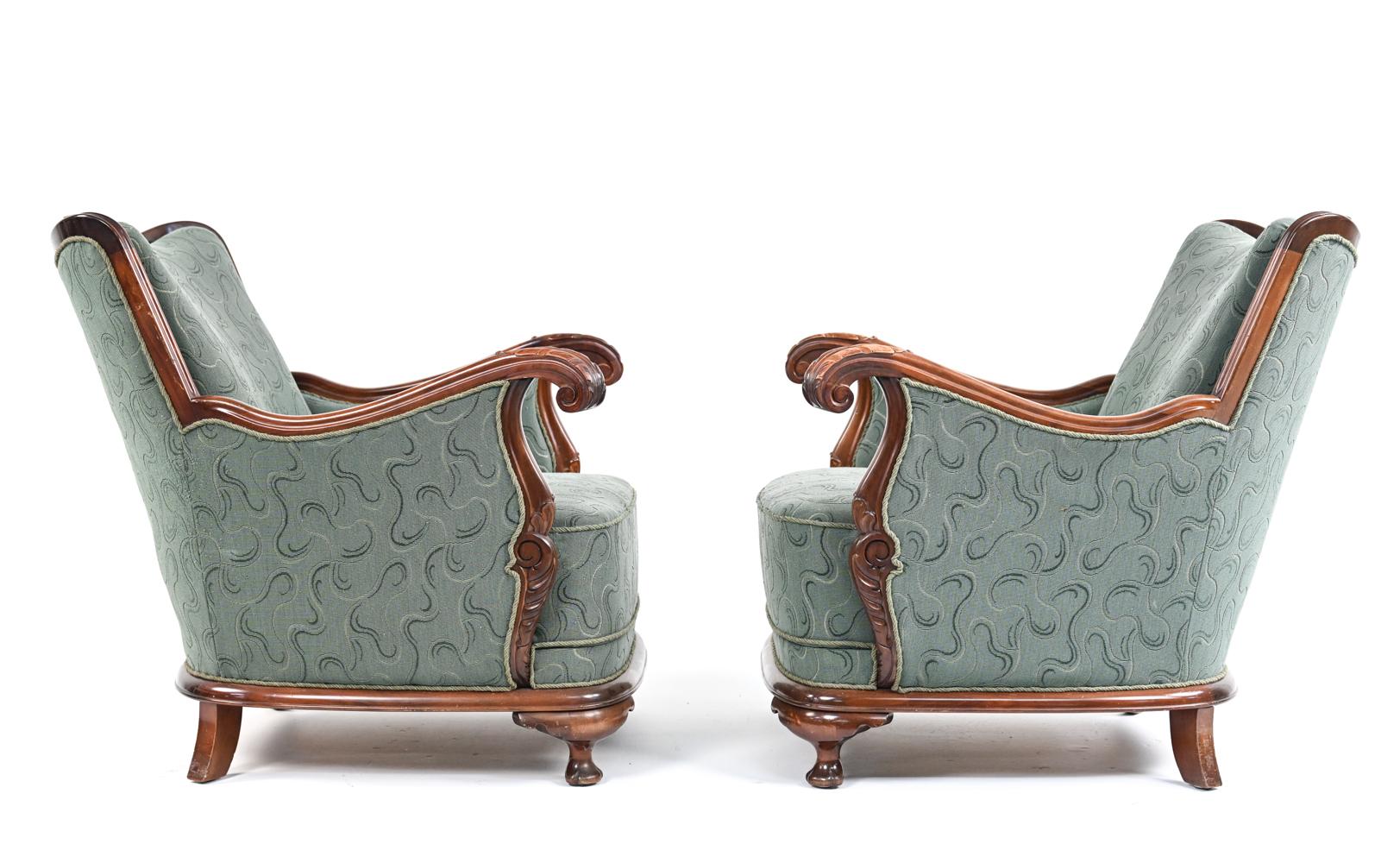 20th Century Pair of Early 20th C. Scandinavian Carved Club Chairs