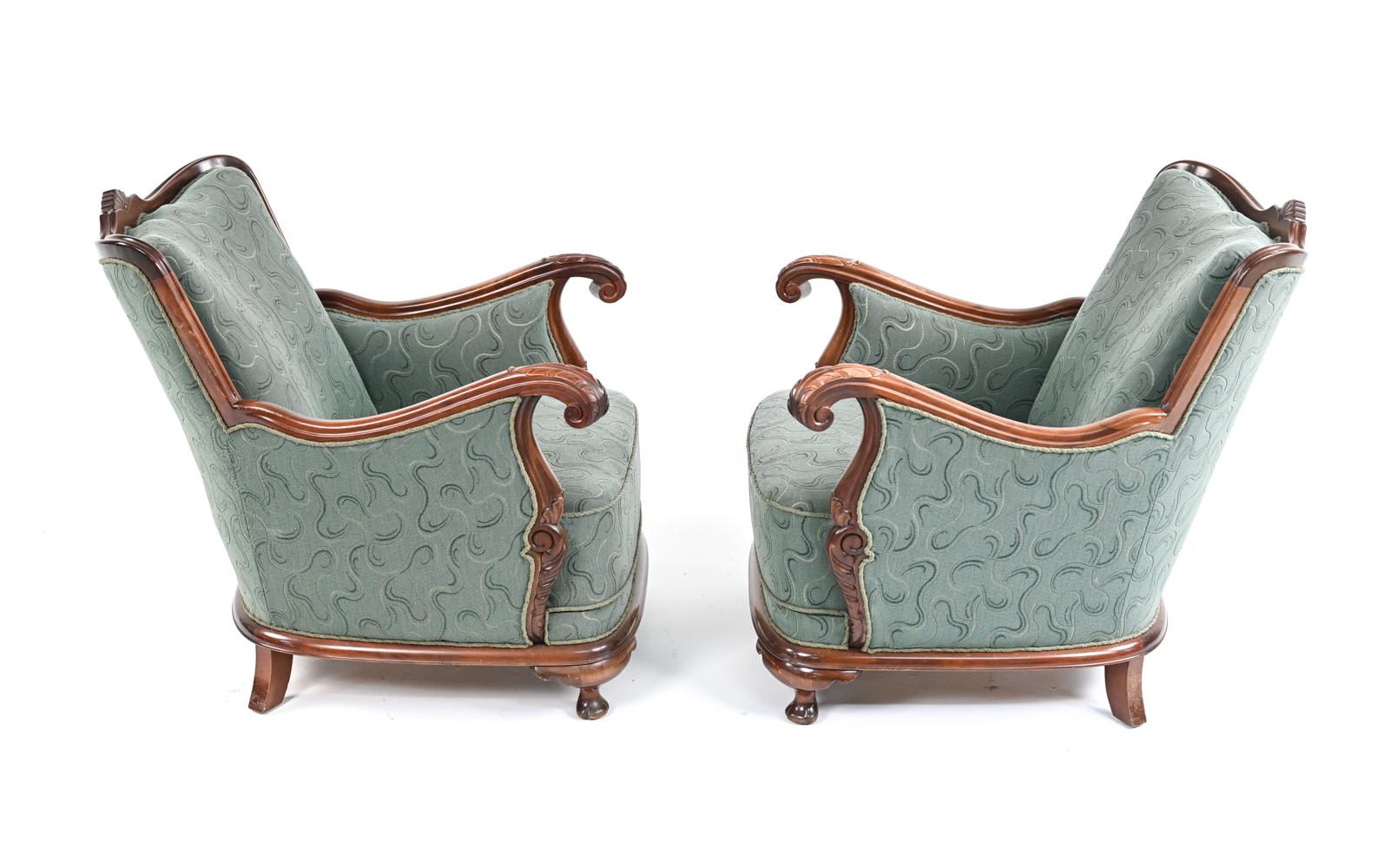 Bouclé Pair of Early 20th C. Scandinavian Carved Club Chairs