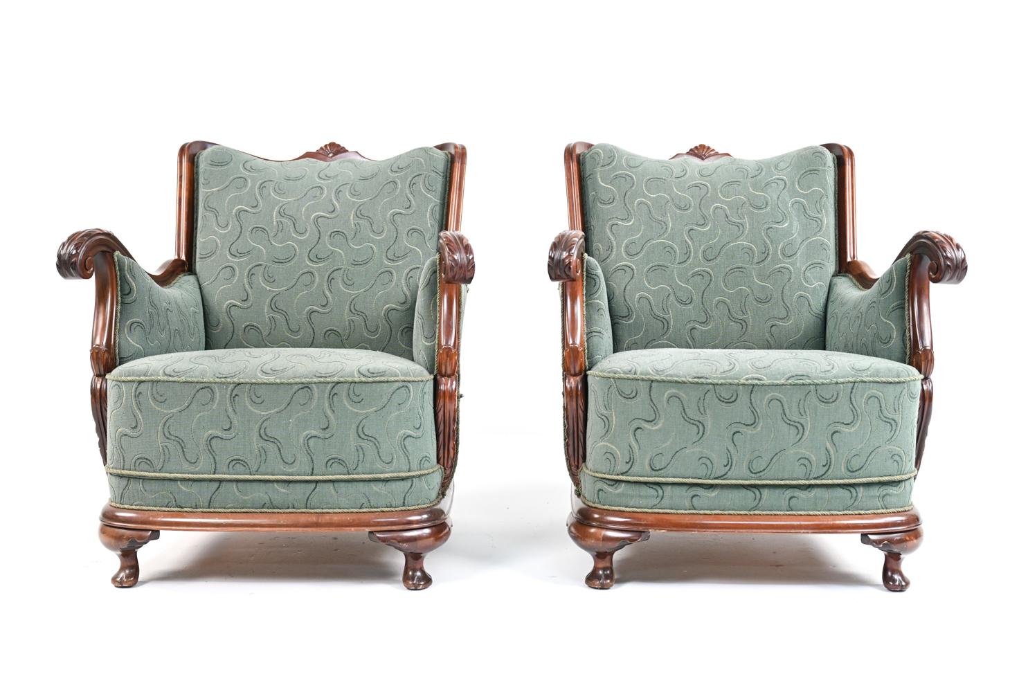 Pair of Early 20th C. Scandinavian Carved Club Chairs 3