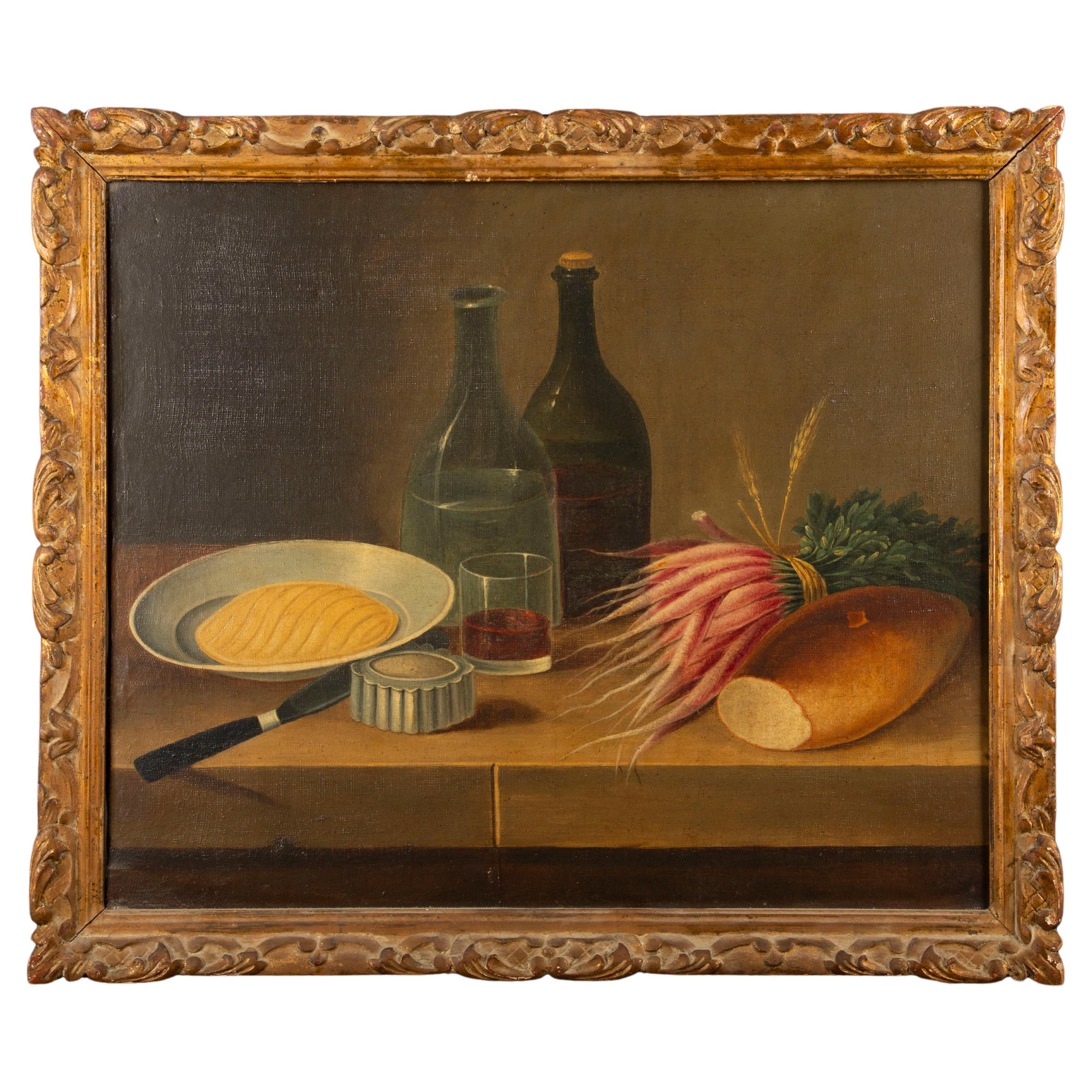 This exquisite pair of 19th-century French still life paintings beautifully captures the essence of nature morteartistry, with a focus on rustic simplicity and elegance. The first painting features a loaf of freshly baked bread, a bunch of radishes