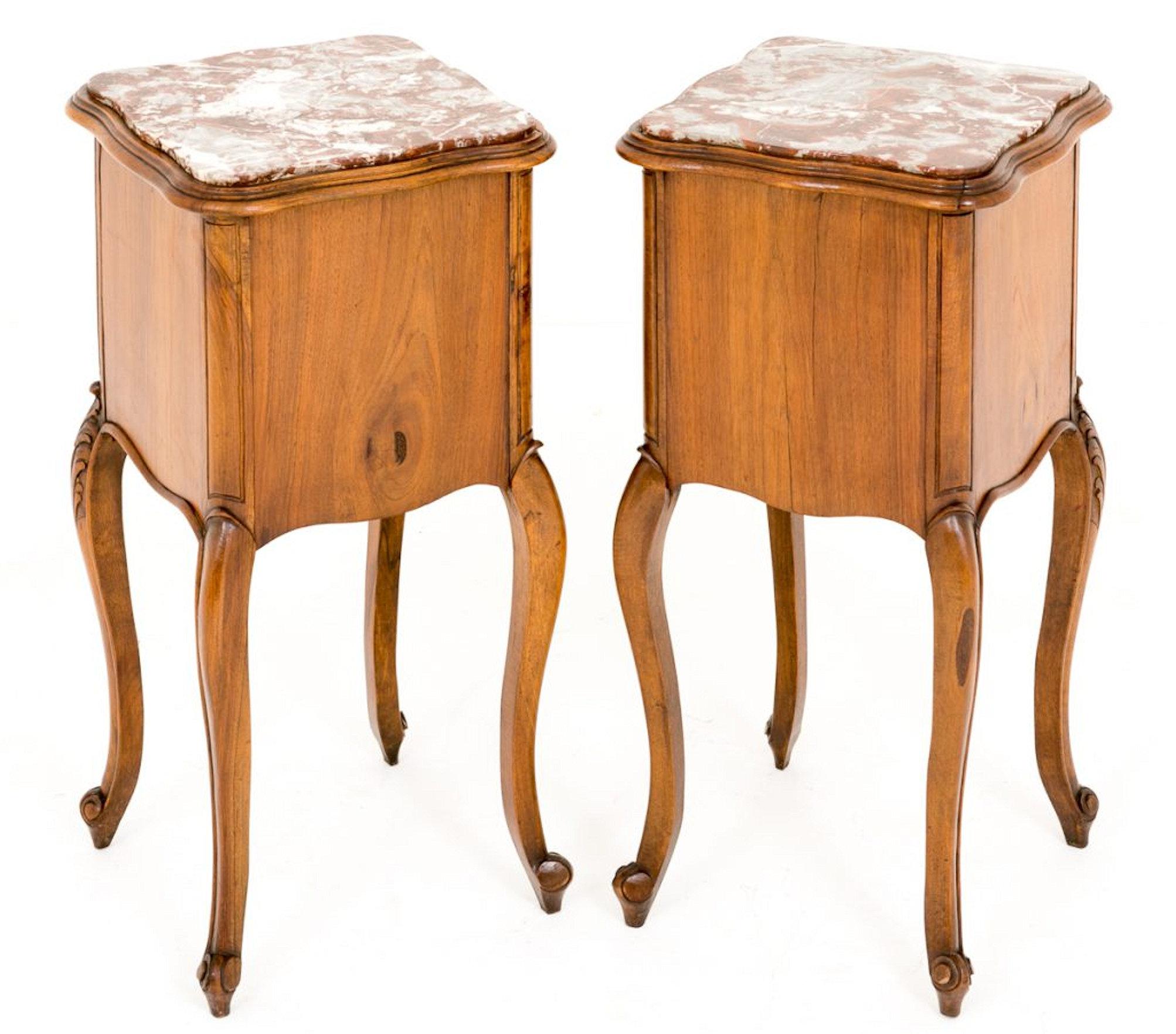 Marble Pair of Early 20th Century Walnut Bedside Cabinets