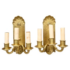Pair of early 20th cent. Art Nouveau or Art Deco gilt metal 3-light wall sconces