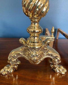 Pair of Early 20th Century American Brass Andirons with Lion Face on Base