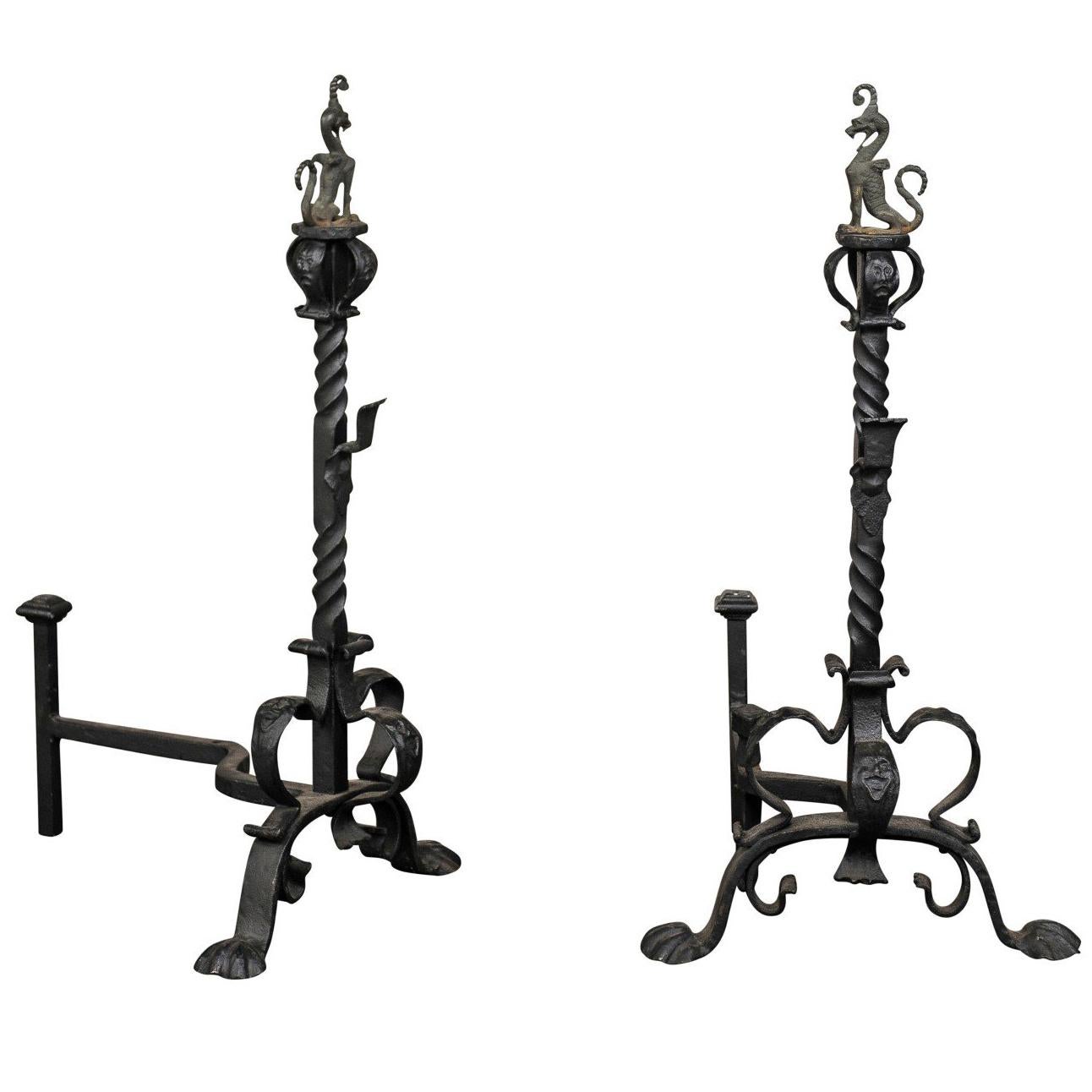 Pair of Early 20th Century American Continental Iron Andirons, Griffon Finial For Sale