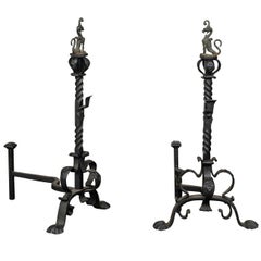 Pair of Early 20th Century American Continental Iron Andirons, Griffon Finial
