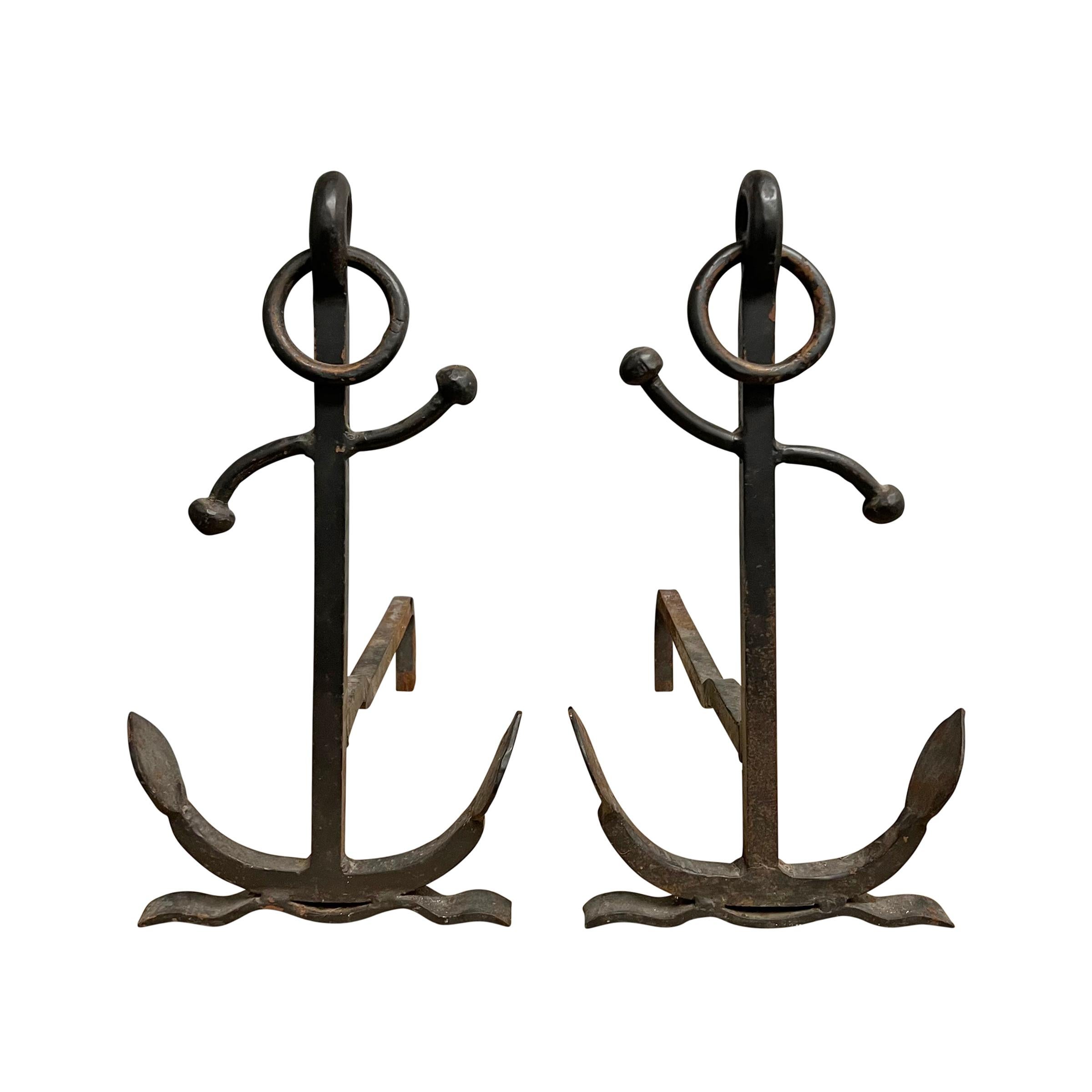 Pair of Early 20th Century American Iron Anchor Andirons In Good Condition In Chicago, IL