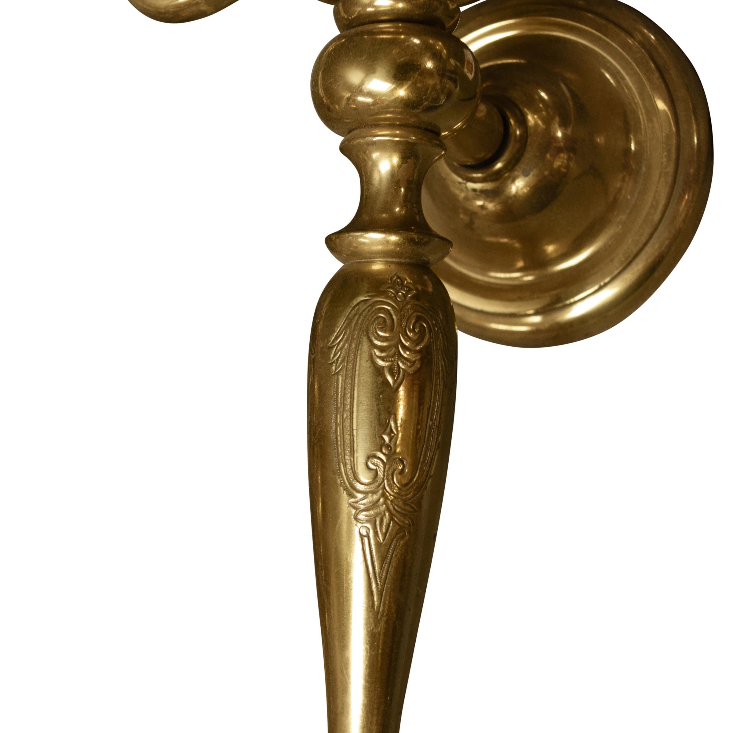 Brass Pair of Early 20th Century American Three-Arm Sconces For Sale