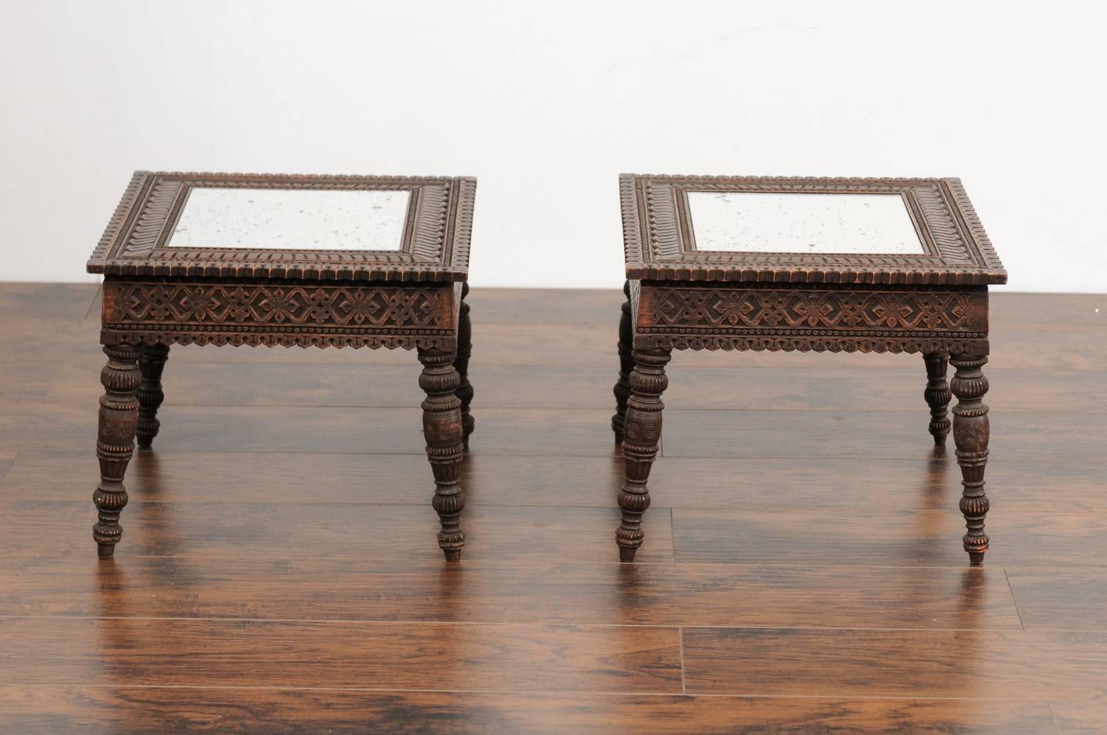 Pair of Early 20th Century Anglo-Indian Carved Wood Tables with Mirrored Tops In Good Condition In Atlanta, GA