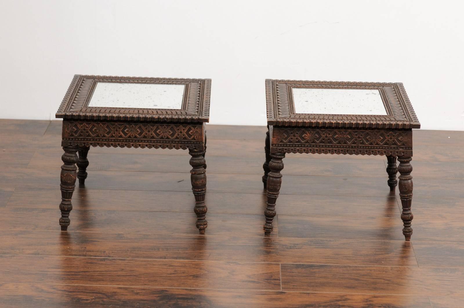 Pair of Early 20th Century Anglo-Indian Carved Wood Tables with Mirrored Tops 1