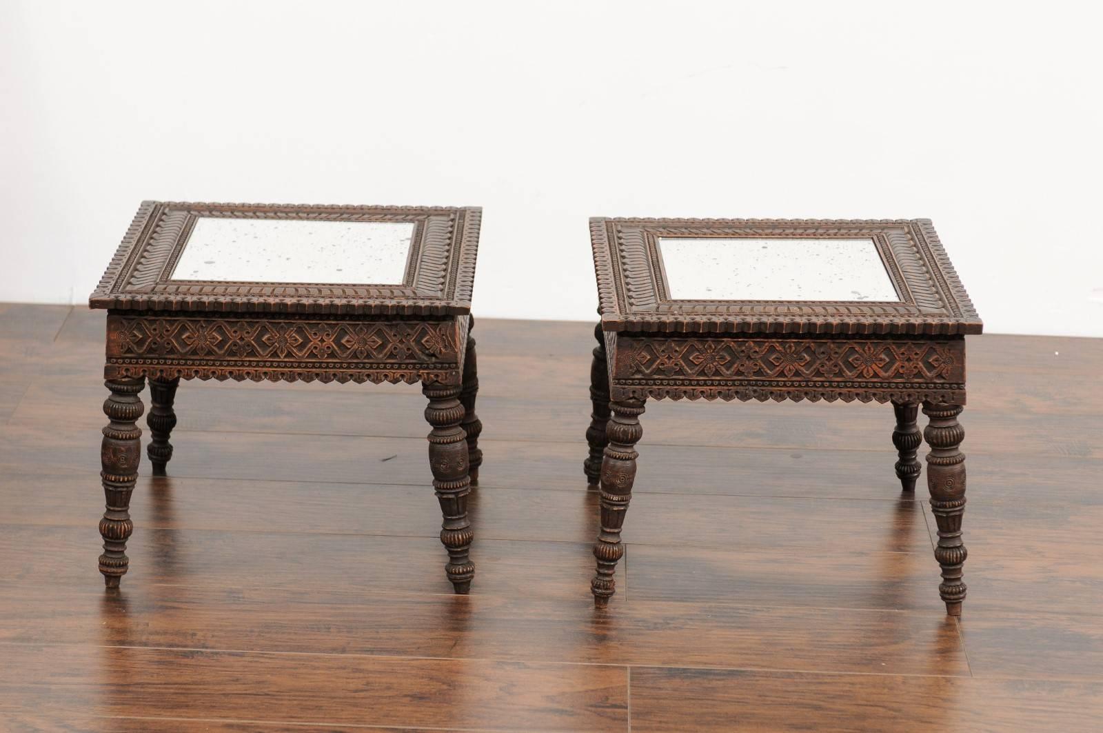 Pair of Early 20th Century Anglo-Indian Carved Wood Tables with Mirrored Tops 2