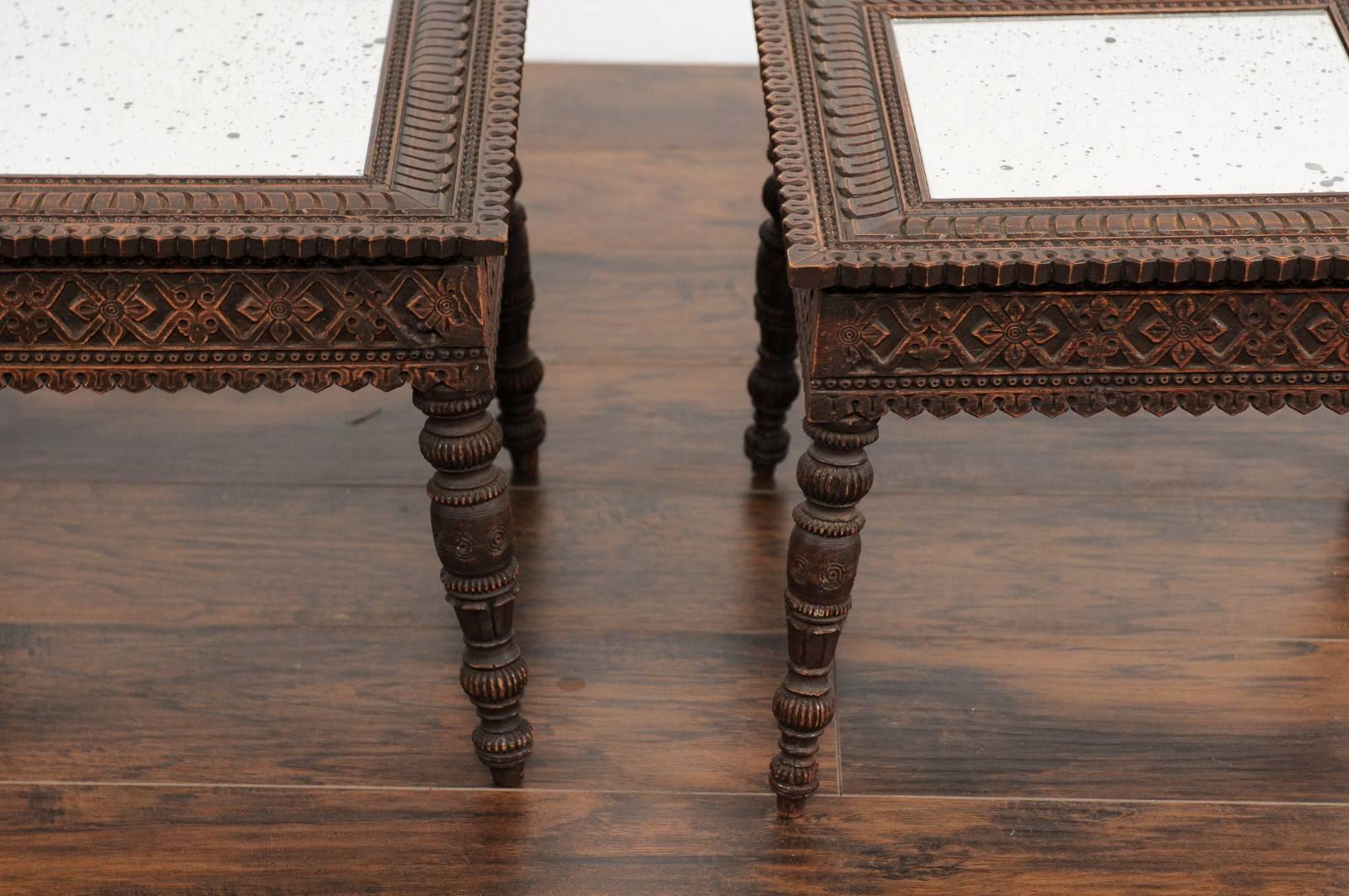 Pair of Early 20th Century Anglo-Indian Carved Wood Tables with Mirrored Tops 3