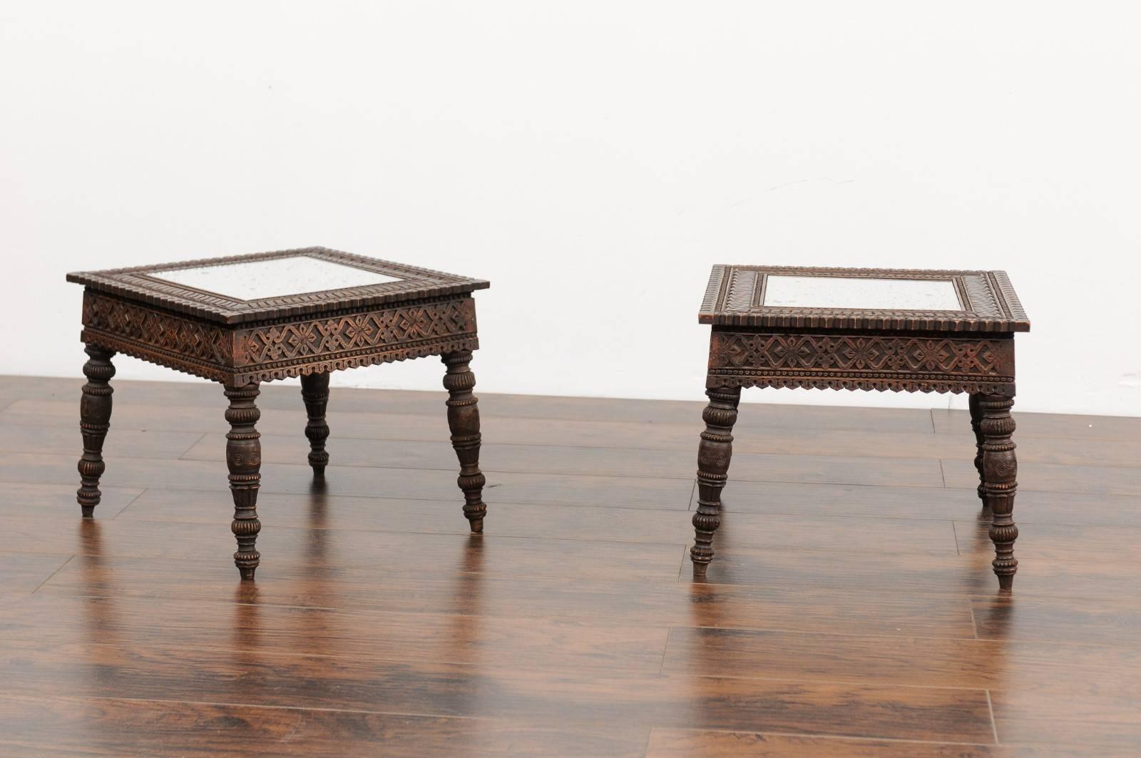 Pair of Early 20th Century Anglo-Indian Carved Wood Tables with Mirrored Tops 4