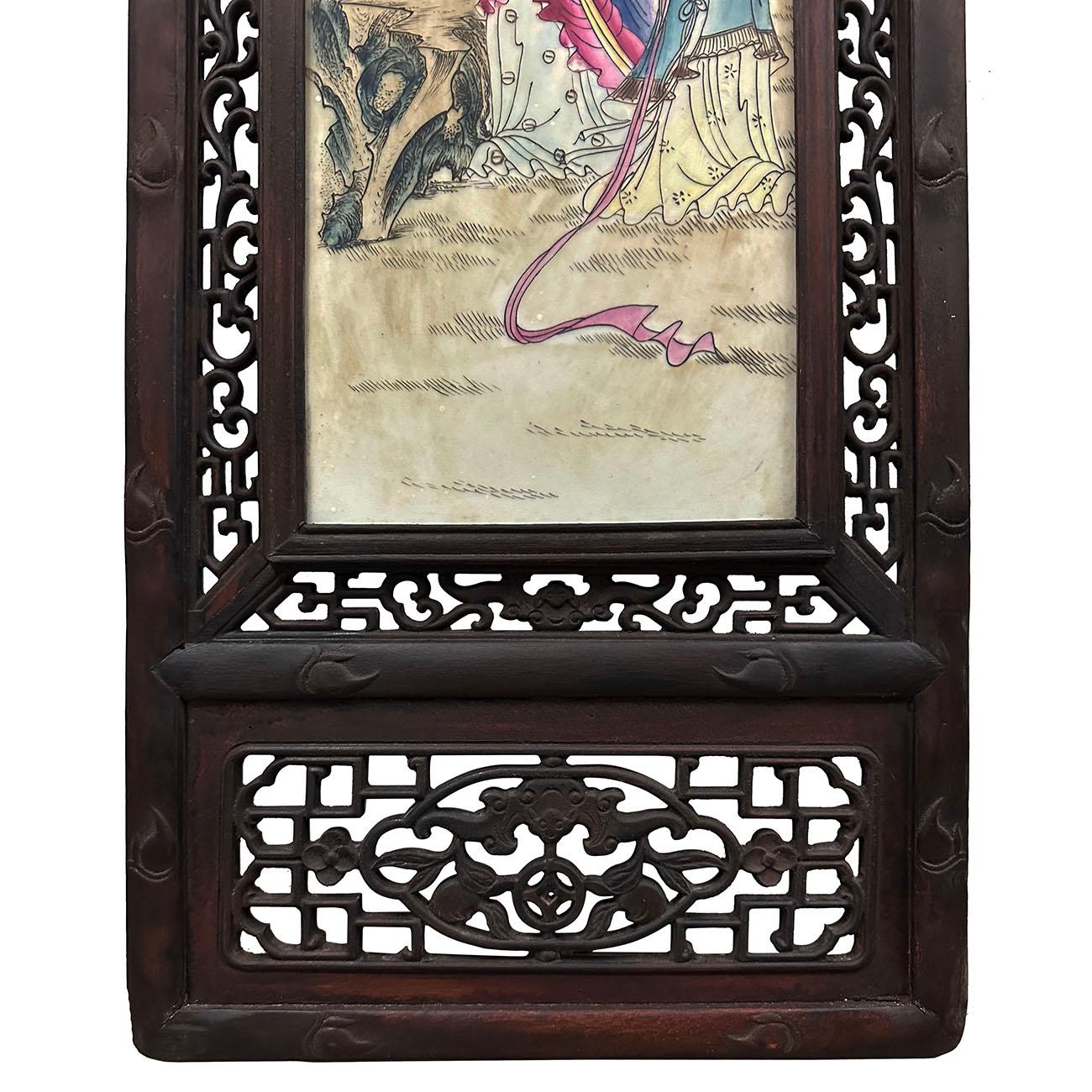 Hand-Carved Pair of Early 20th Century Antique Chinese Painted Porcelain Panels -Wall Hangin For Sale