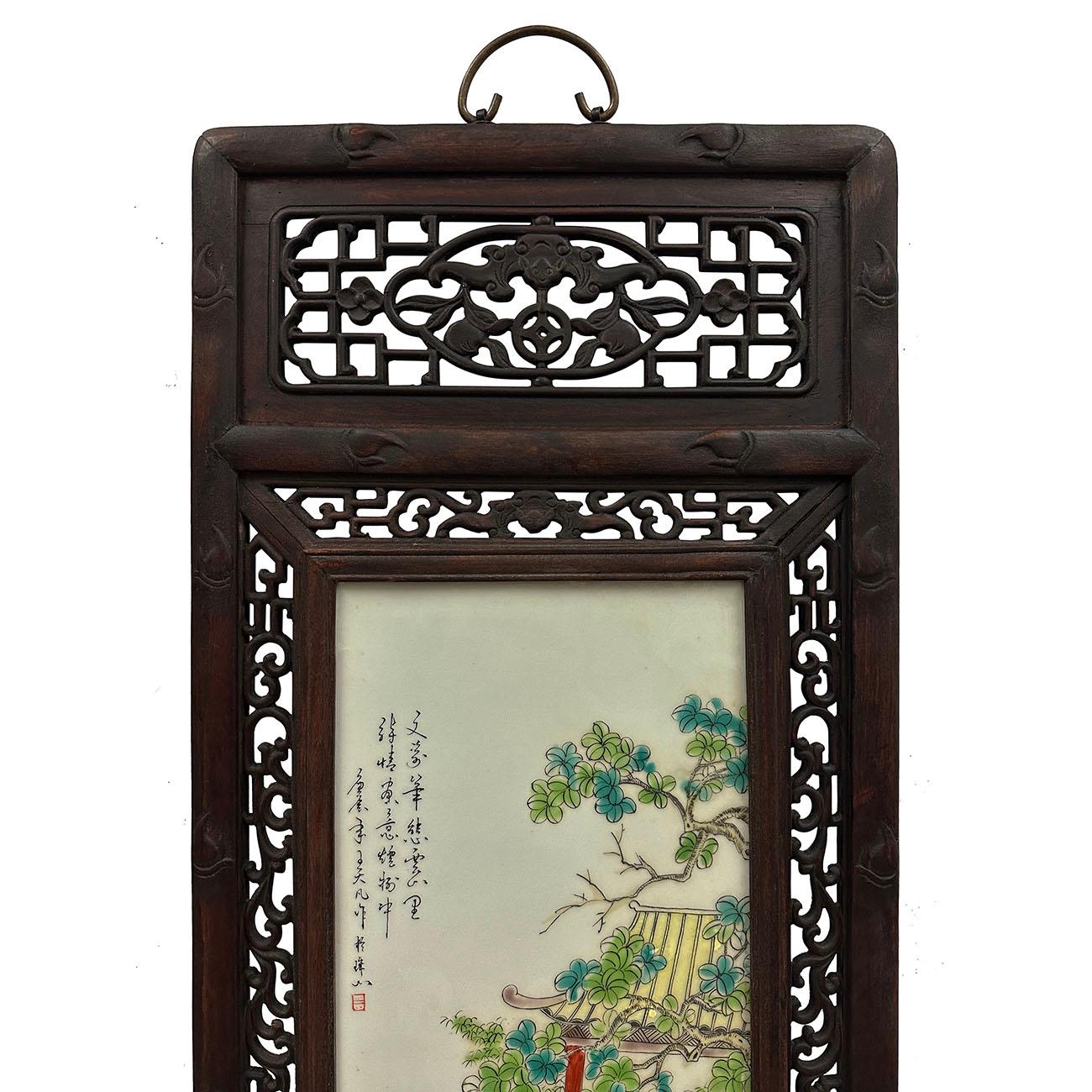 Pair of Early 20th Century Antique Chinese Painted Porcelain Panels -Wall Hangin In Good Condition For Sale In Pomona, CA
