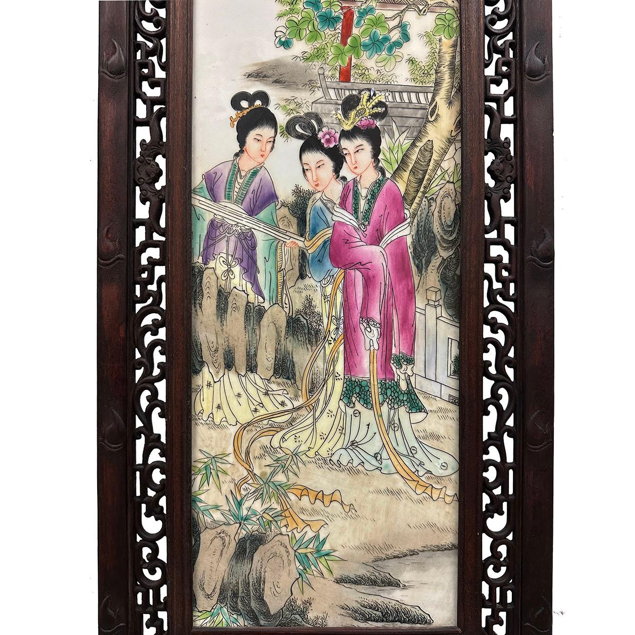 Paire de panneaux de porcelaine peints chinois du début du 20e siècle - tenture murale Bon état - En vente à Pomona, CA
