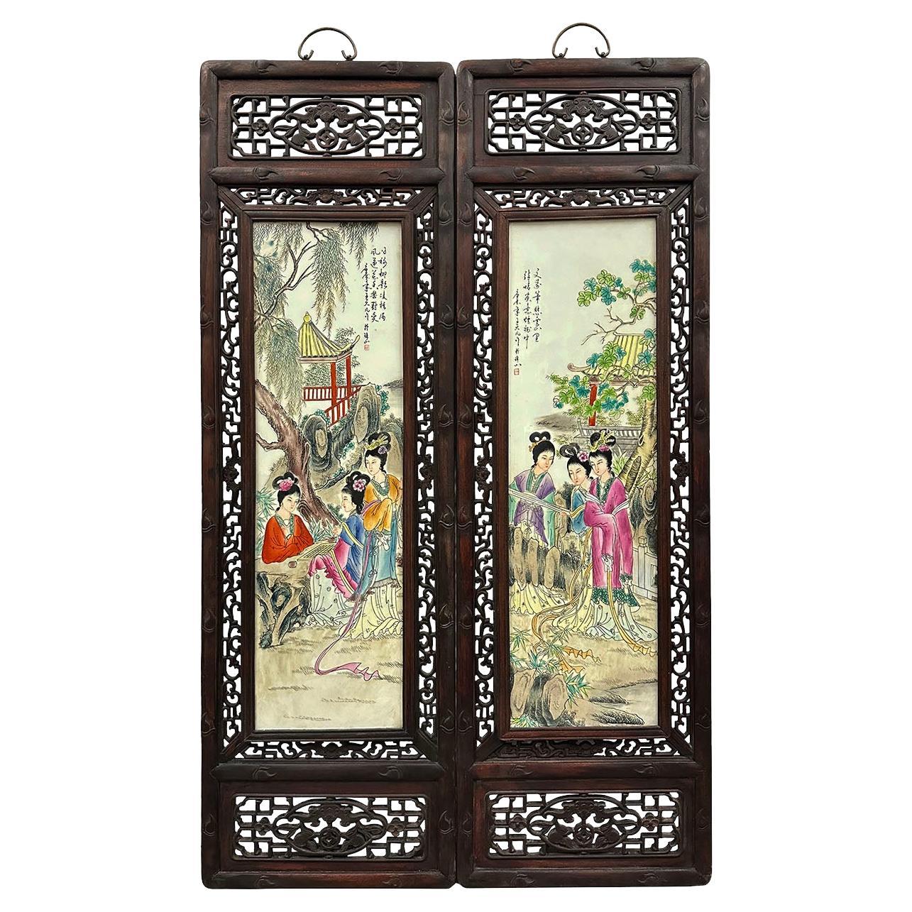 Pair of Early 20th Century Antique Chinese Painted Porcelain Panels -Wall Hangin For Sale