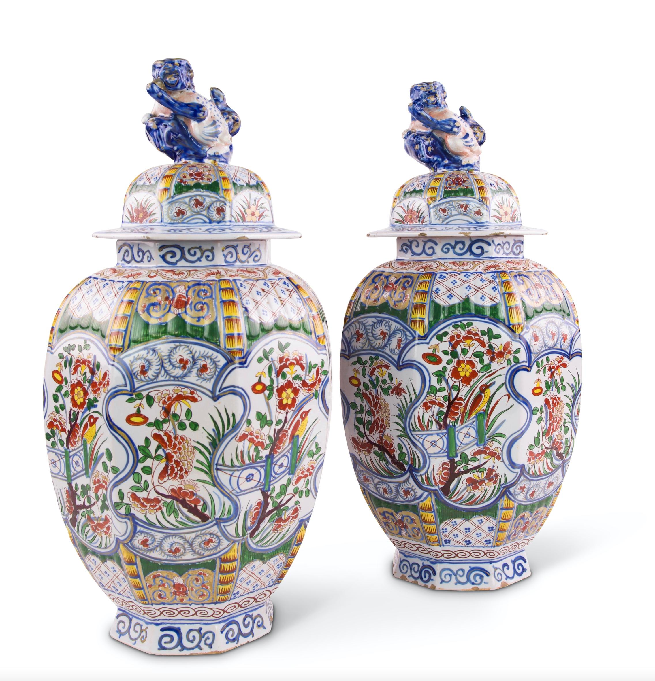 Dutch Pair of Early 20th Century Antique Delft Polychrome Vases with Covers For Sale