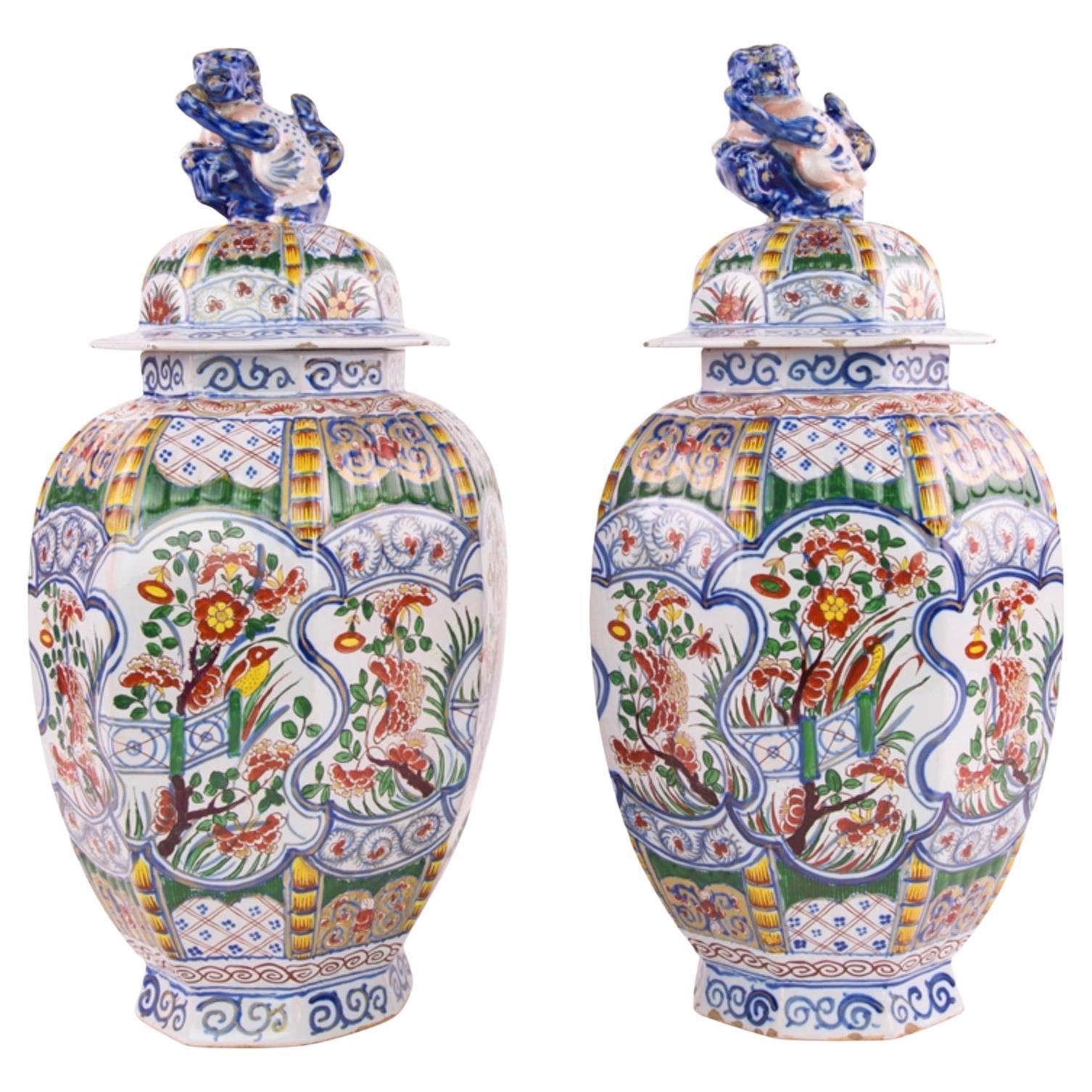 Pair of Early 20th Century Antique Delft Polychrome Vases with Covers For Sale