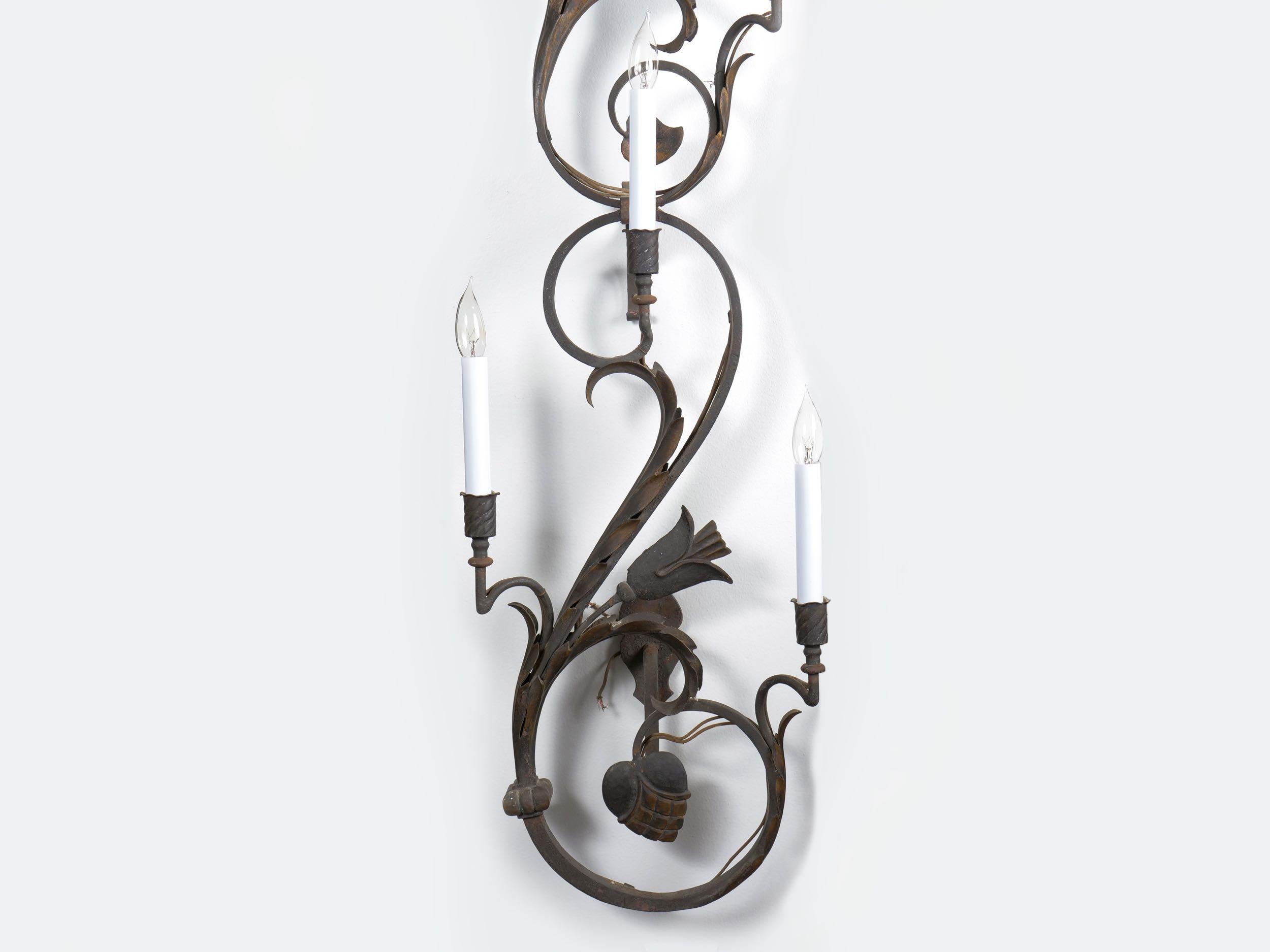 Pair of Early 20th Century Antique Wrought Iron Nine Candle Wall Sconces In Good Condition In Shippensburg, PA