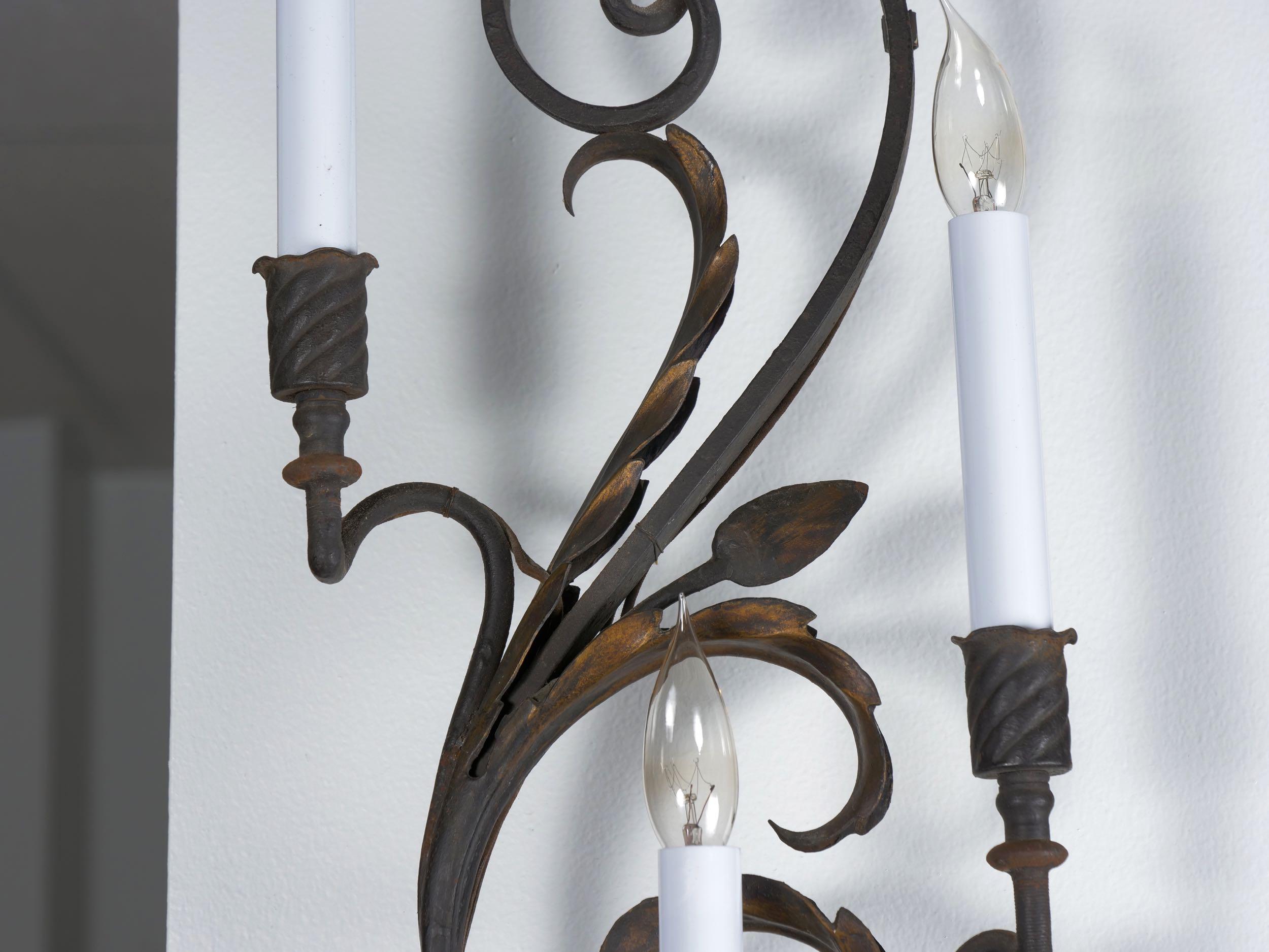 Pair of Early 20th Century Antique Wrought Iron Nine Candle Wall Sconces 1