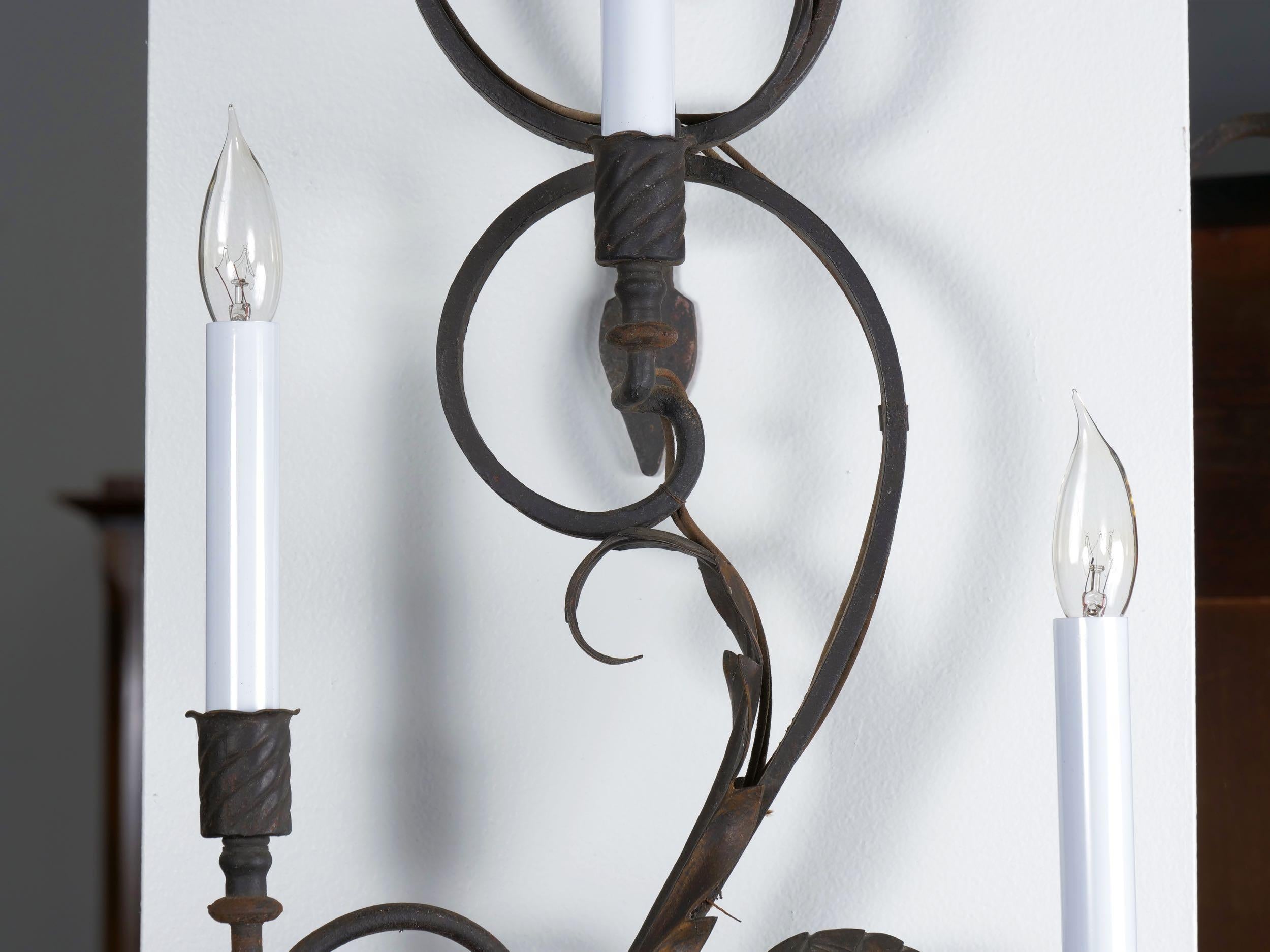 Pair of Early 20th Century Antique Wrought Iron Nine Candle Wall Sconces 4