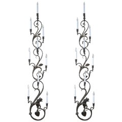 Pair of Early 20th Century Antique Wrought Iron Nine Candle Wall Sconces