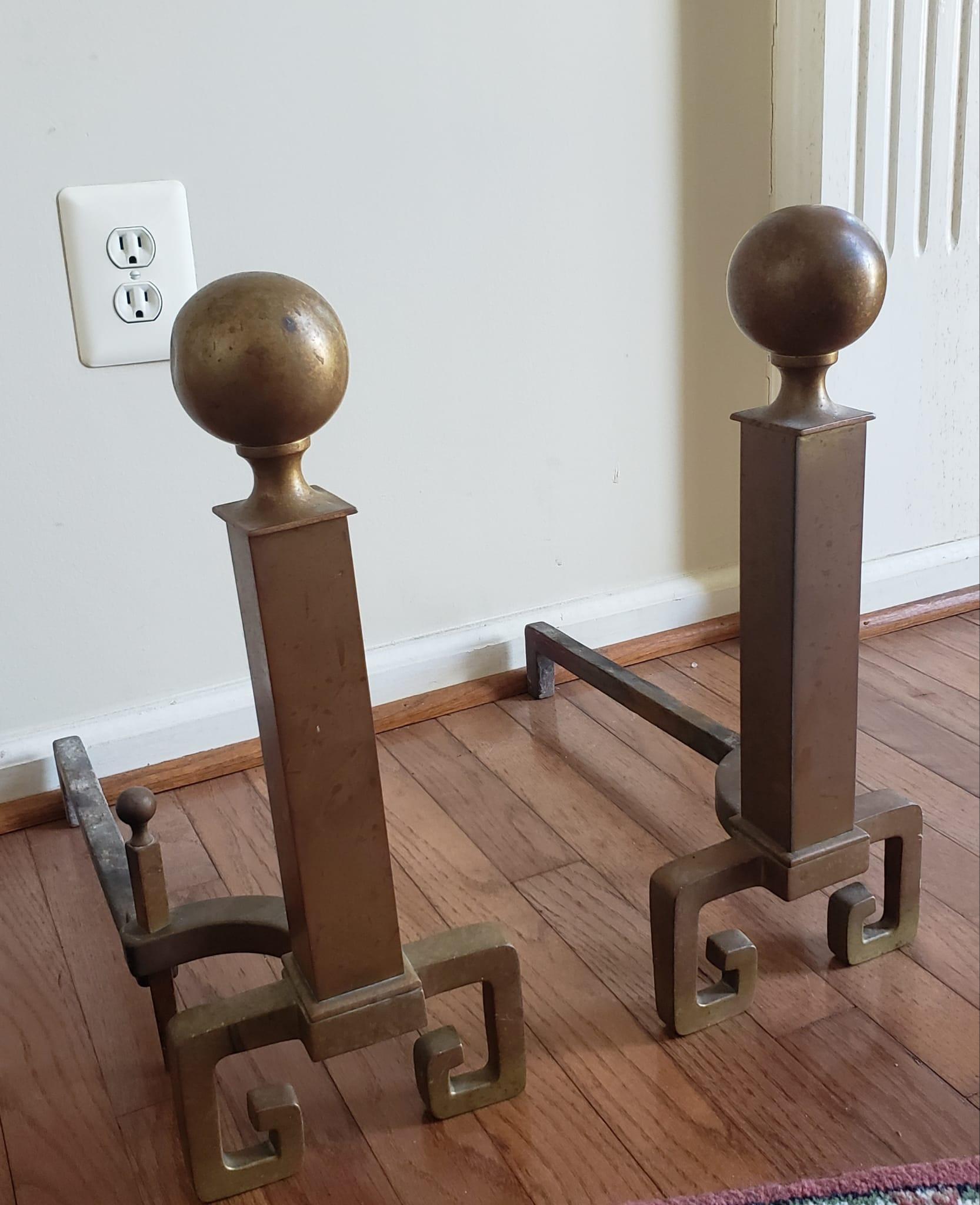 Pair of Early 20th Century Art Deco patinated Brass Andirons measuring 7