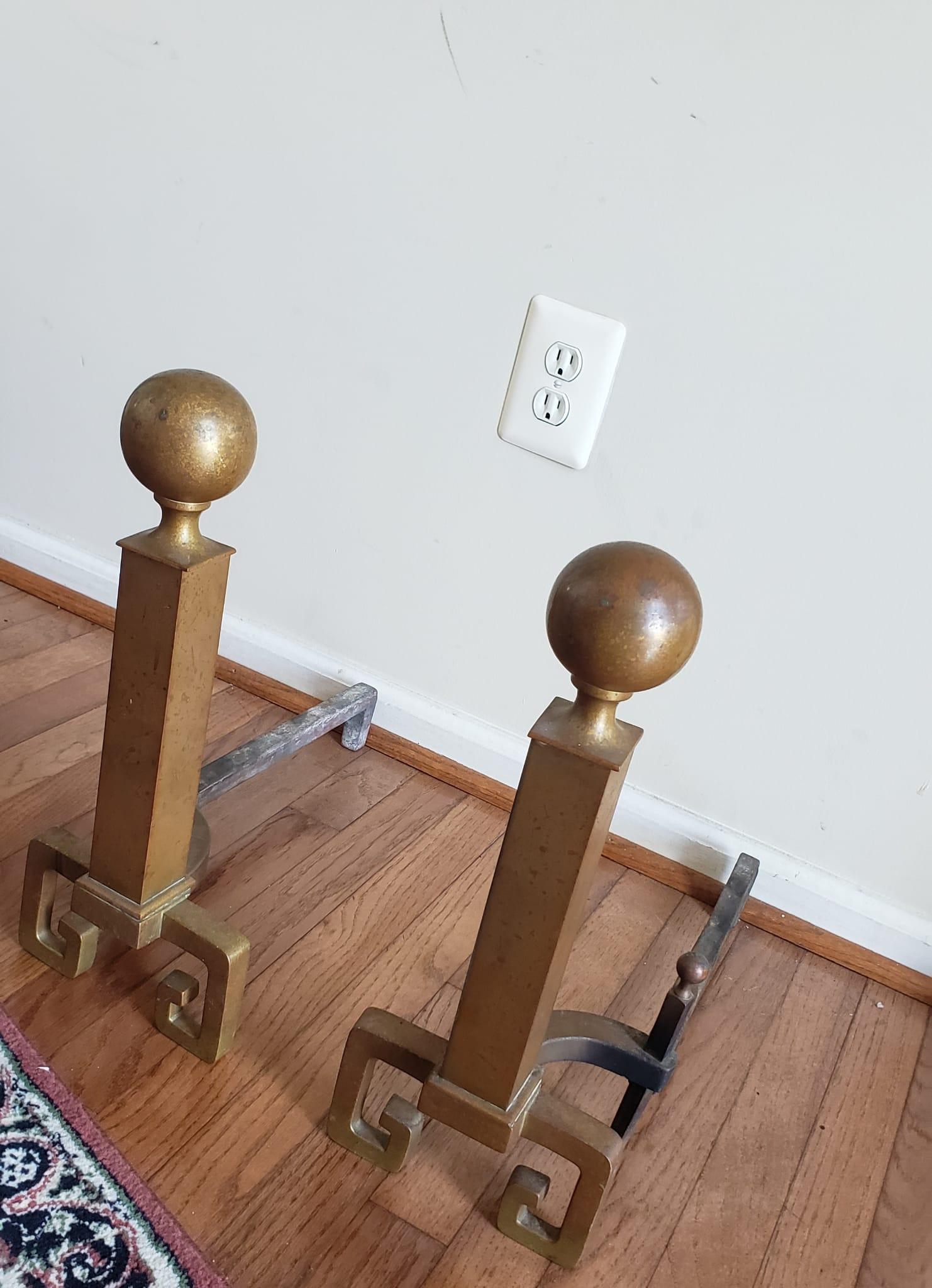 Metalwork Pair of Early 20th Century Art Deco Brass Andirons For Sale