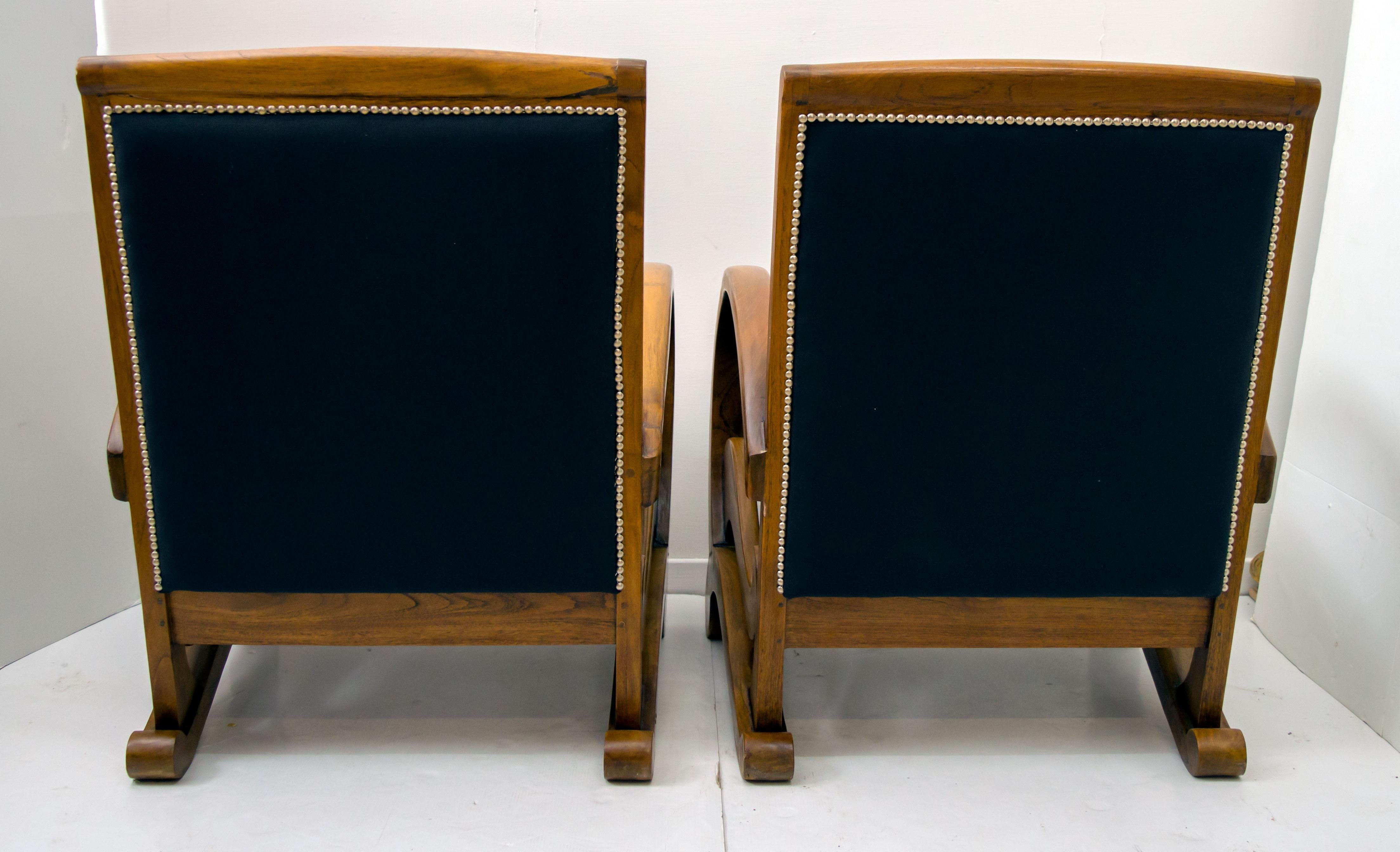 Fabric Pair of Early 20th Century Art Deco Italian Walnut Armchairs