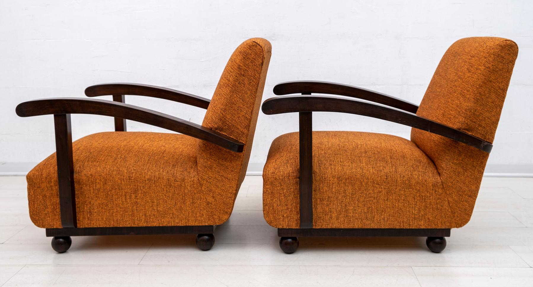 Hemp Pair of Early 20th Century Art Deco Italian Walnut Armchairs