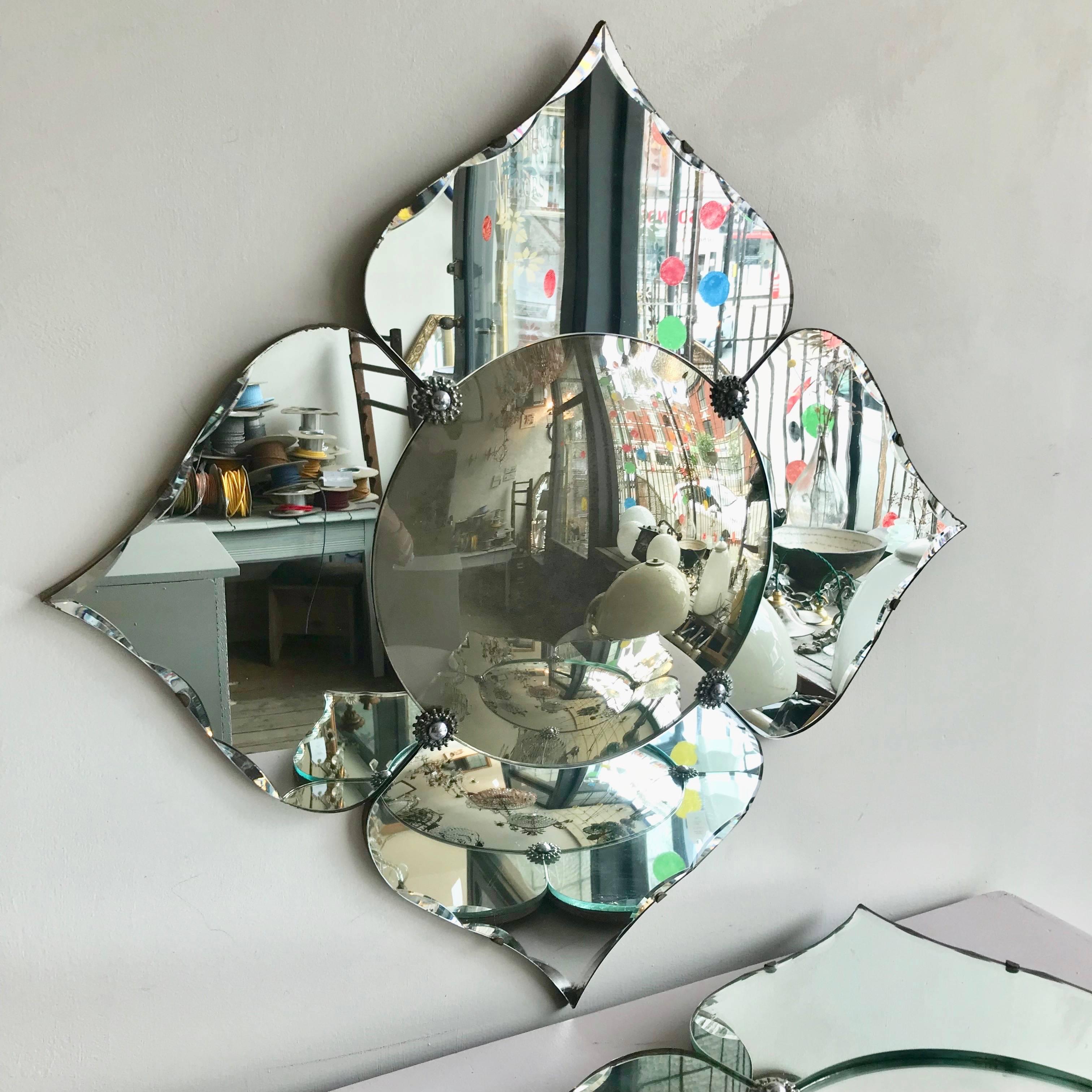 European Pair of Early 20th Century Art Deco Petal Shaped Frameless Mirrors