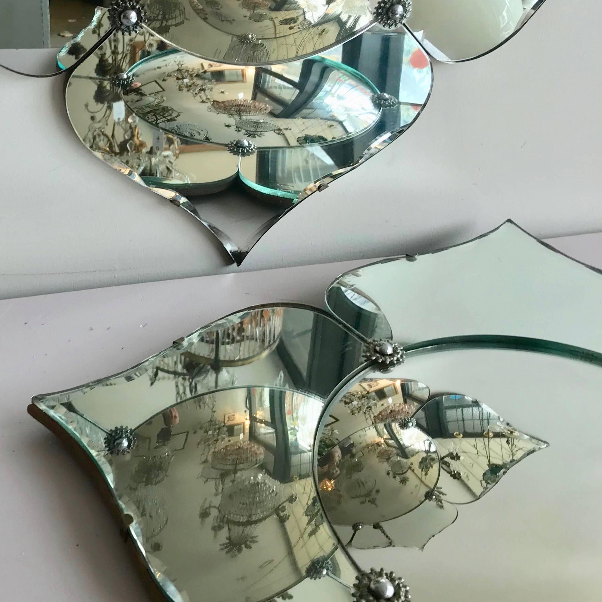 Pair of Early 20th Century Art Deco Petal Shaped Frameless Mirrors In Fair Condition In Stockport, GB