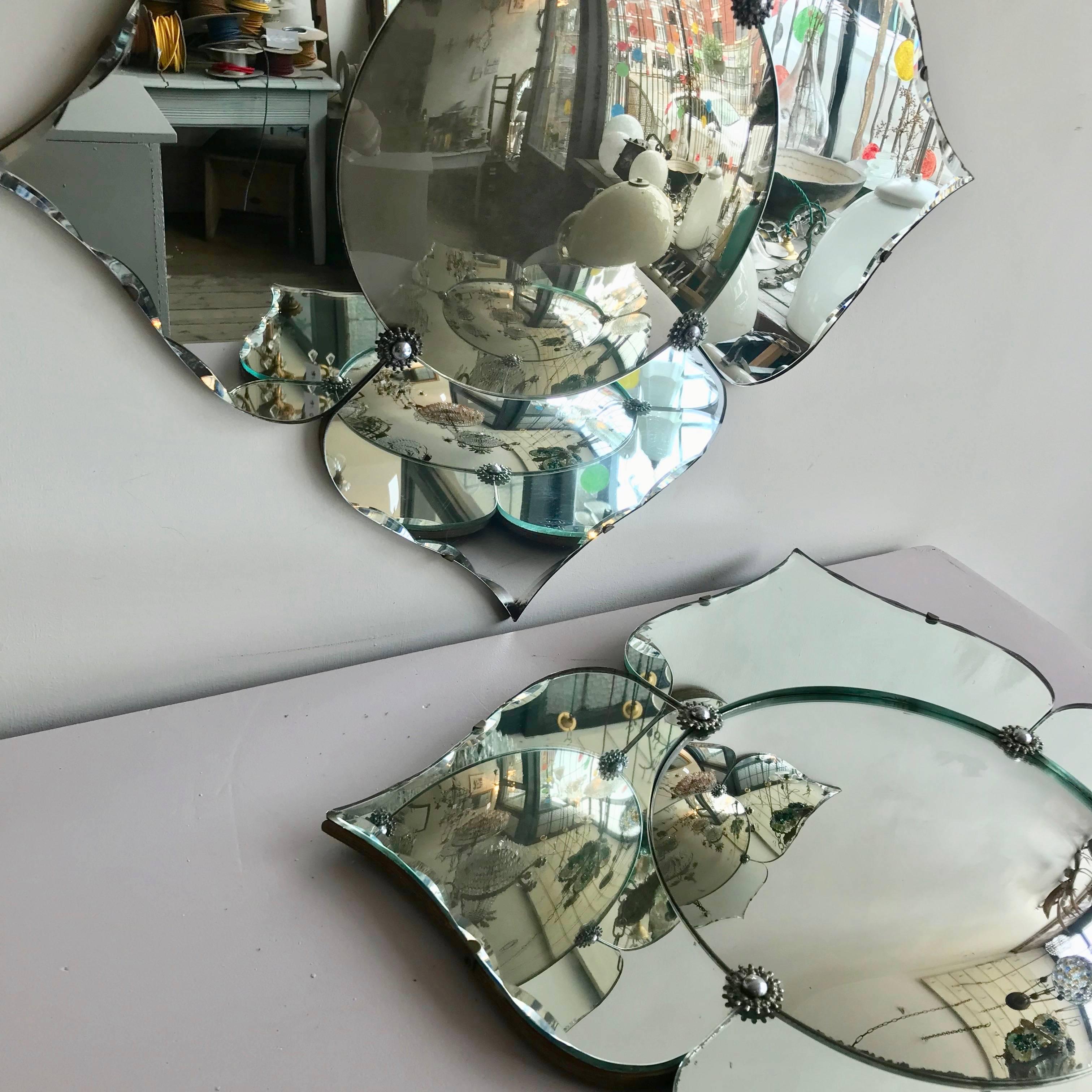 Pair of Early 20th Century Art Deco Petal Shaped Frameless Mirrors 1