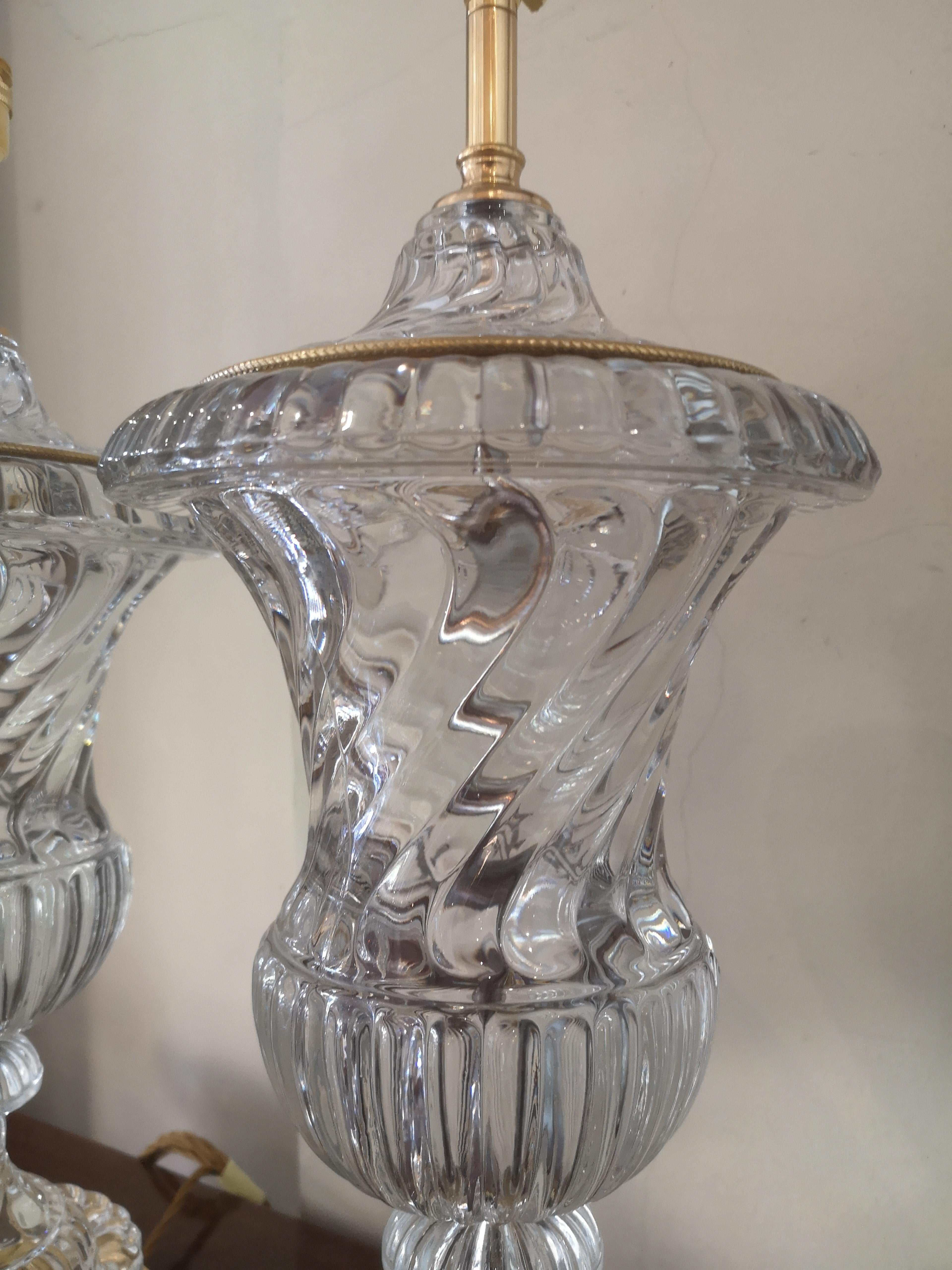 Bronze Pair of Early 20th Century Baccarat Style Crystal Lamps