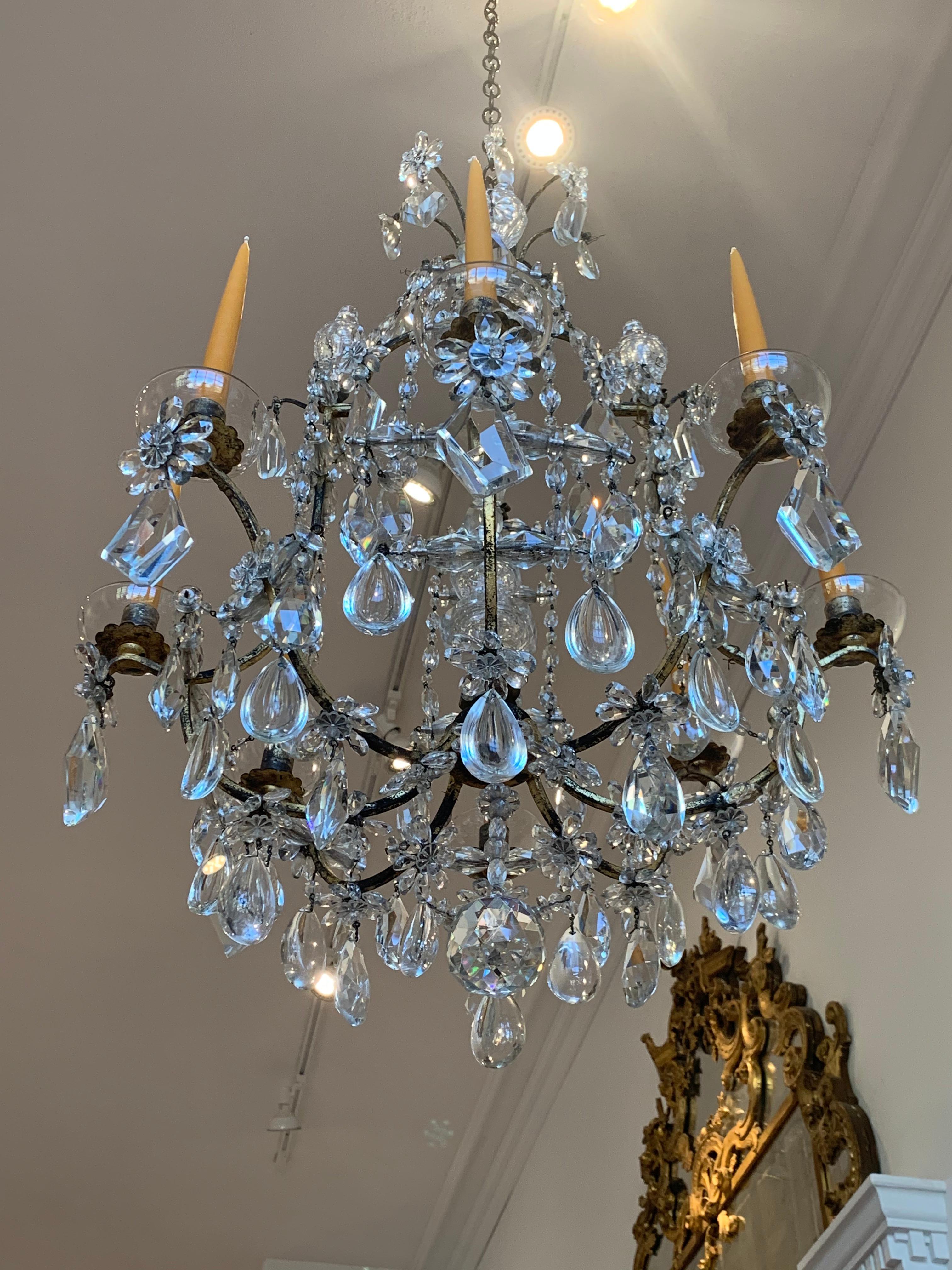 Pair of Early 20th Century Baguès Louis XVI Iron and Crystal Chandeliers 9