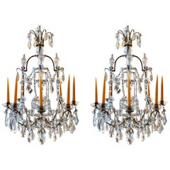 Pair of Early 20th Century Baguès Louis XVI Iron and Crystal Chandeliers