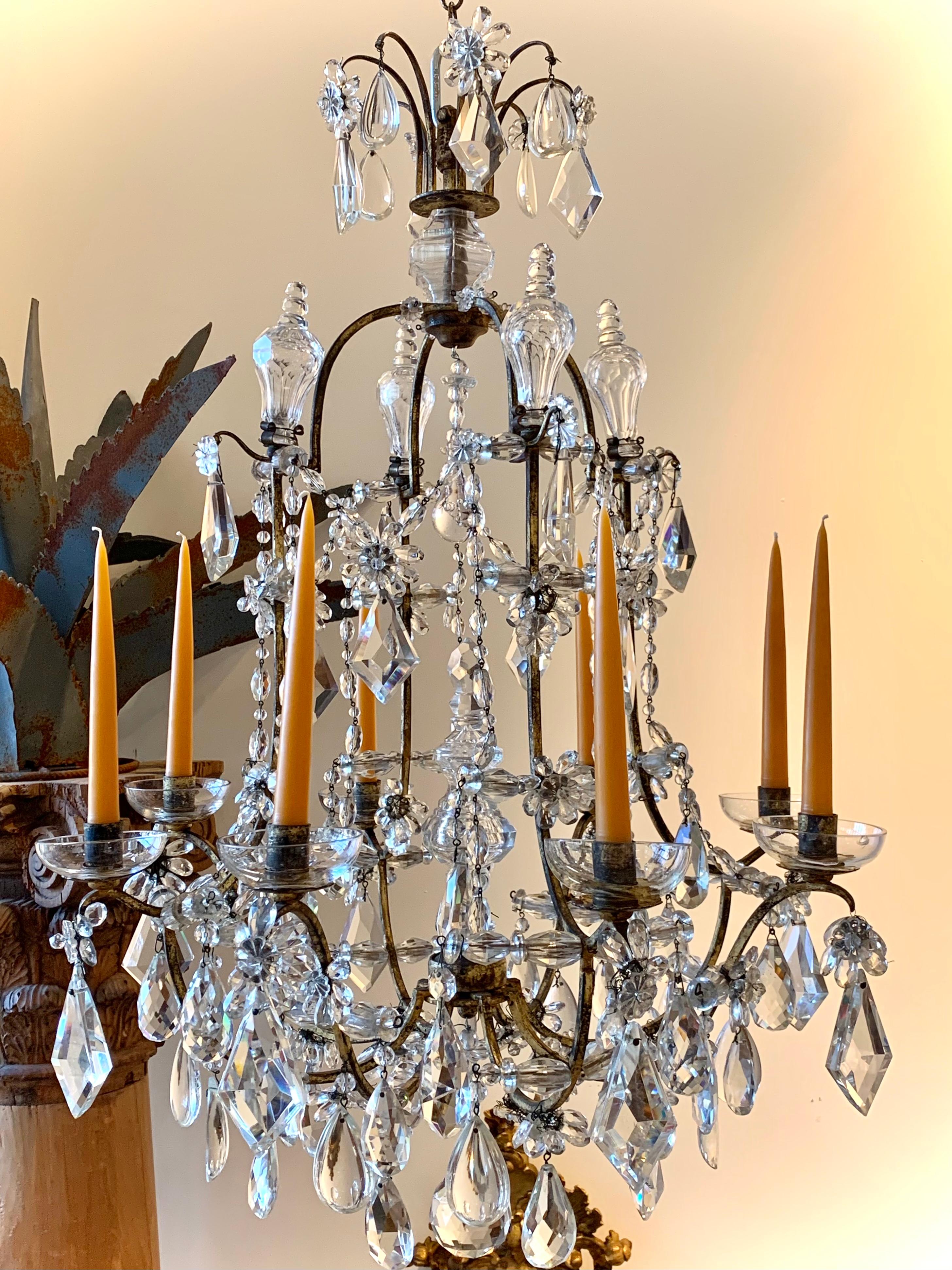 French Pair of Early 20th Century Baguès Louis XVI Iron and Crystal Chandeliers