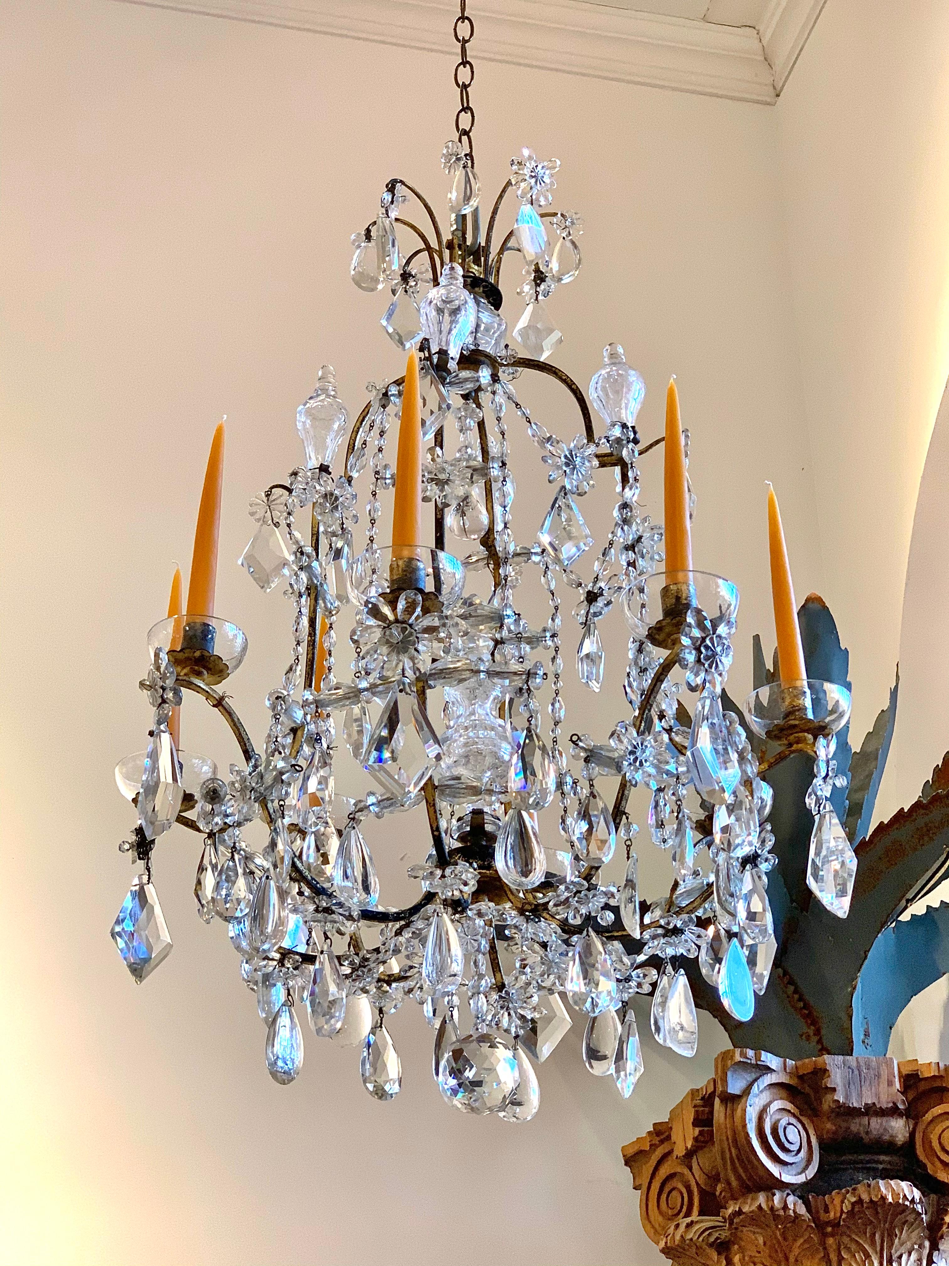 Forged Pair of Early 20th Century Baguès Louis XVI Iron and Crystal Chandeliers