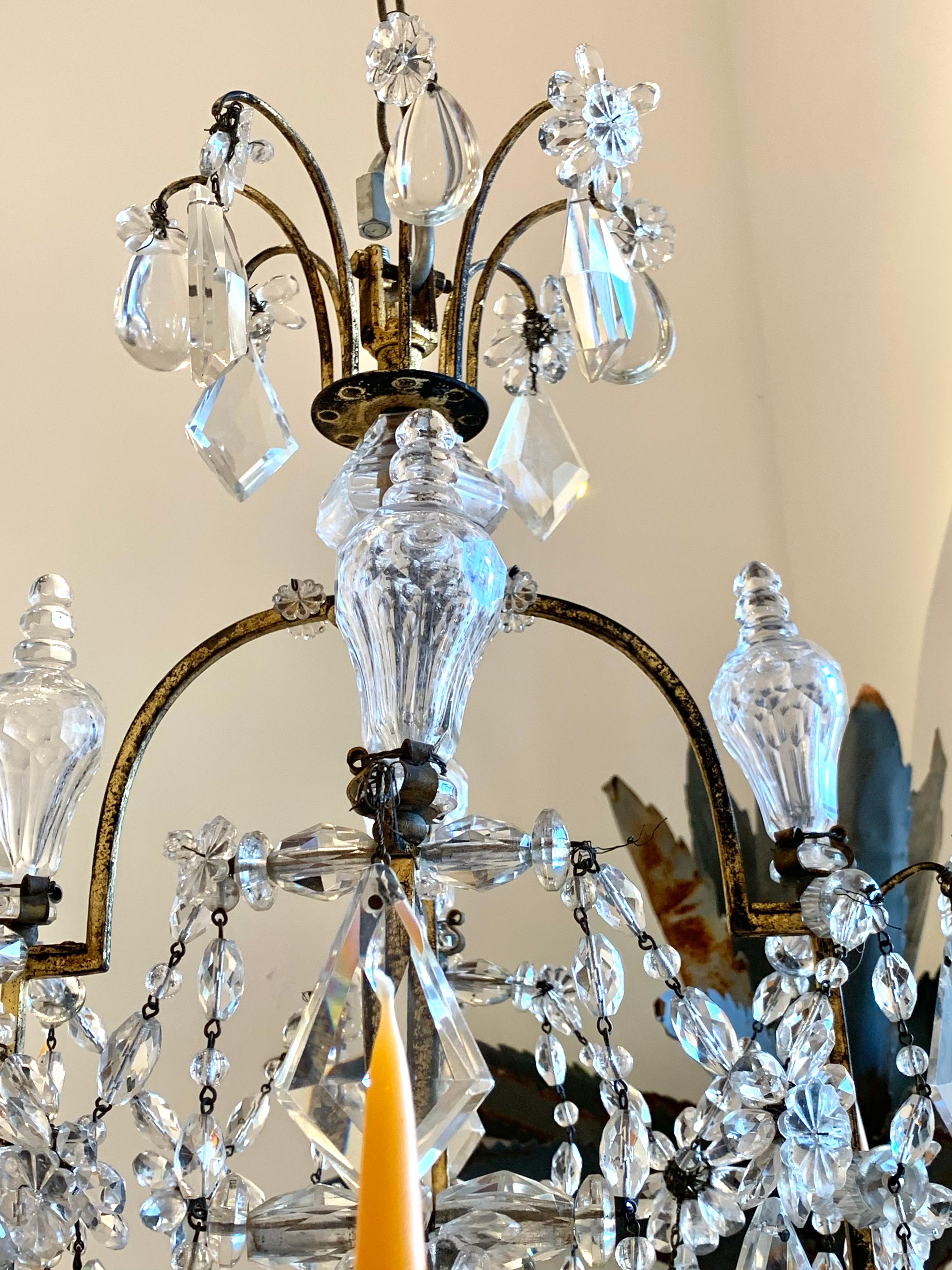 Pair of Early 20th Century Baguès Louis XVI Iron and Crystal Chandeliers In Good Condition In Essex, MA
