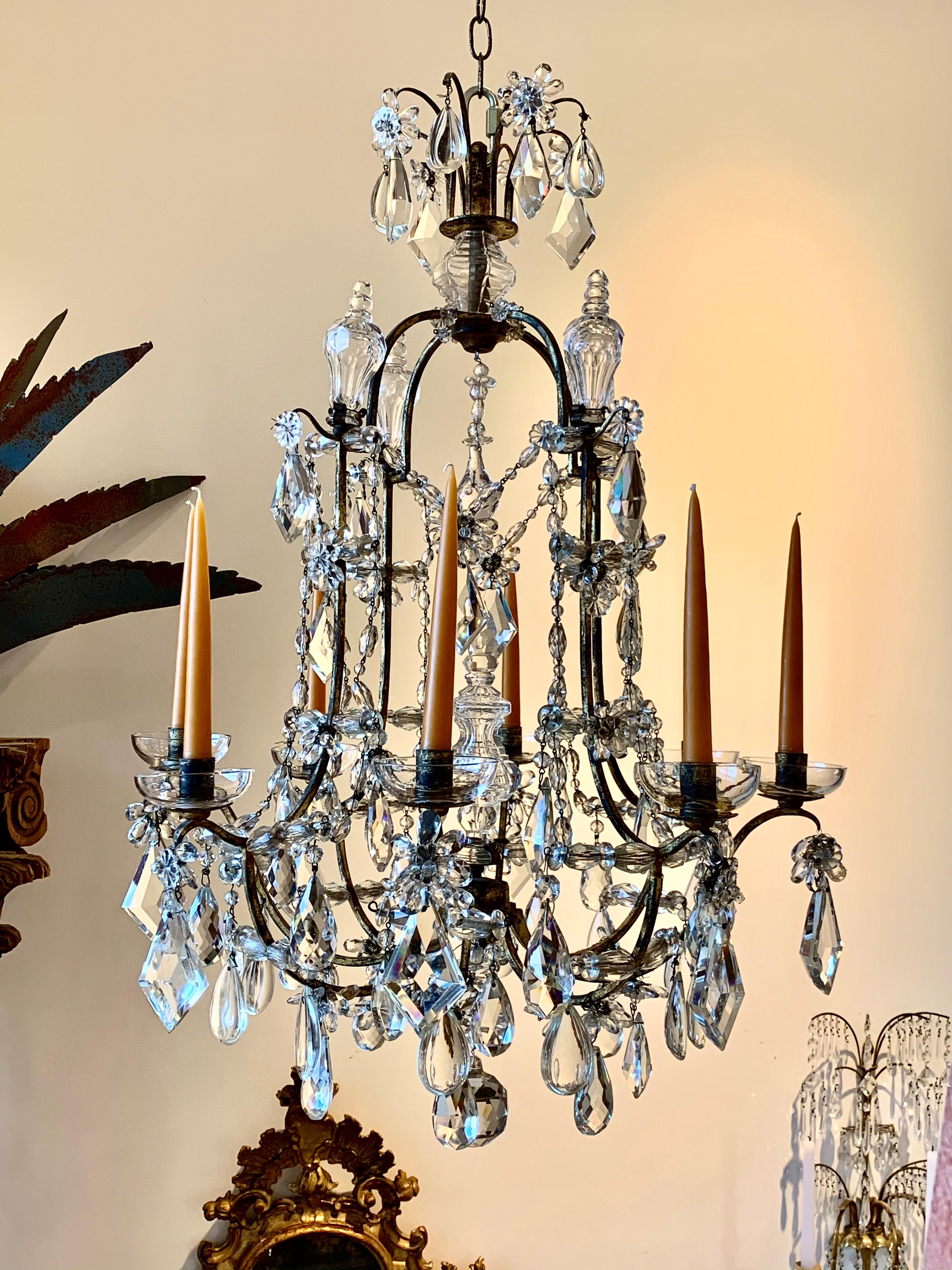 Pair of Early 20th Century Baguès Louis XVI Iron and Crystal Chandeliers 4